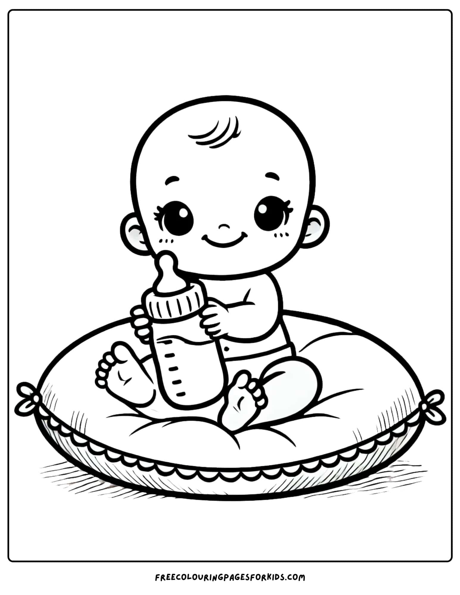 baby sitting on a cushion holding a bottle coloring page