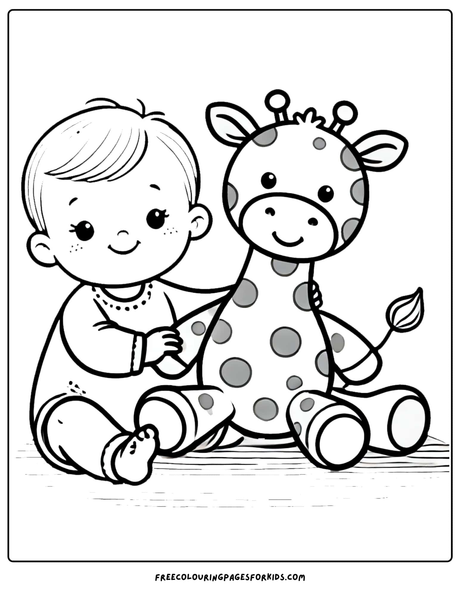 baby playing with a stuffed guraffe coloring page