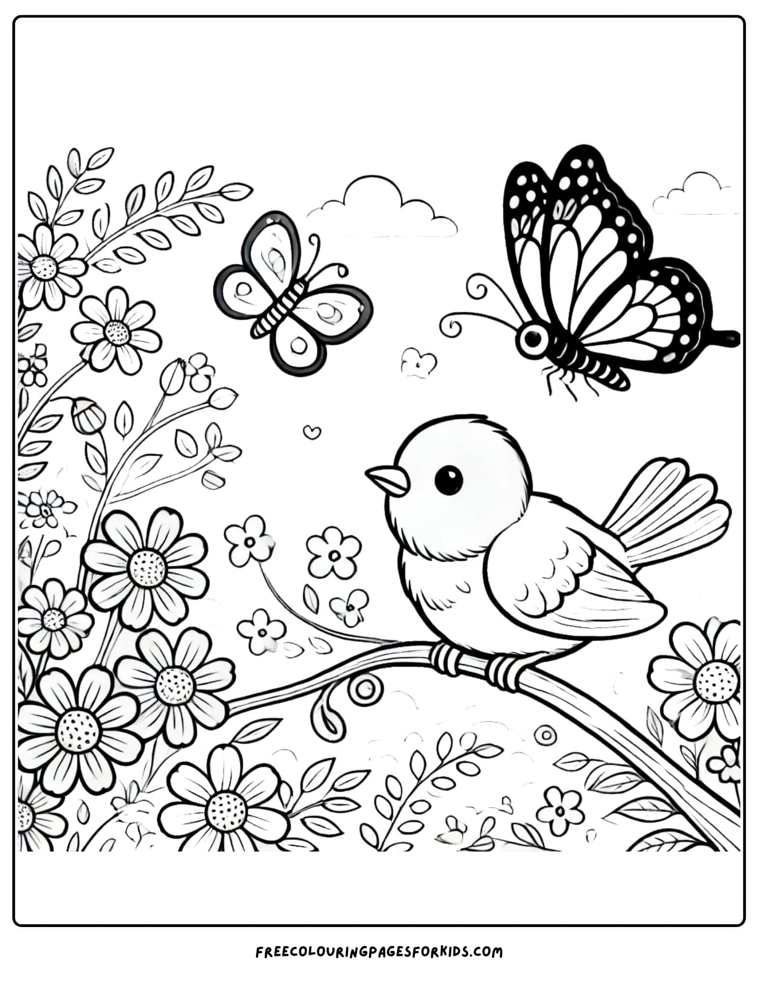 bird and a butterfly together coloring page