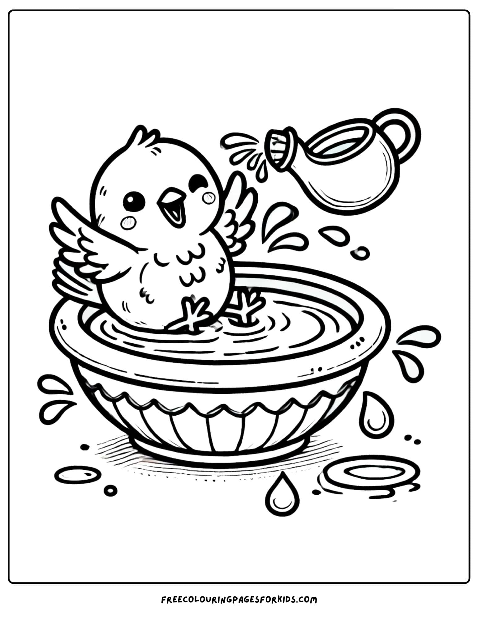 bird bathing in a bird bath coloring page