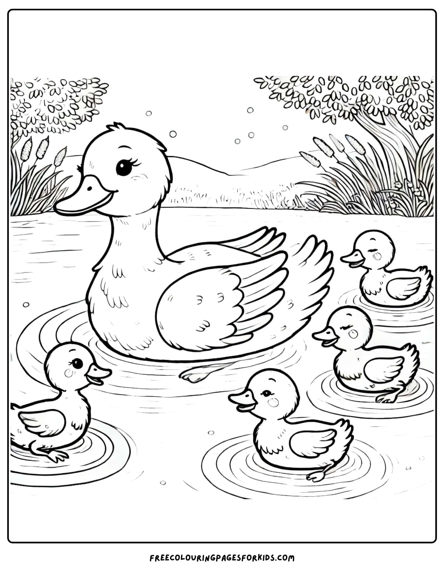 bird duck family on the water coloring page