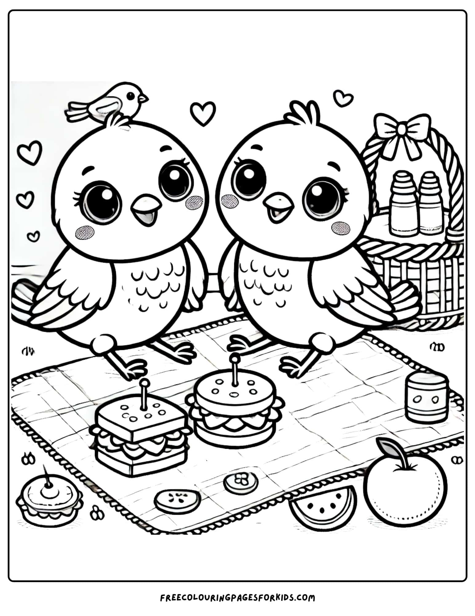 bird having a picnic with a friend coloring page