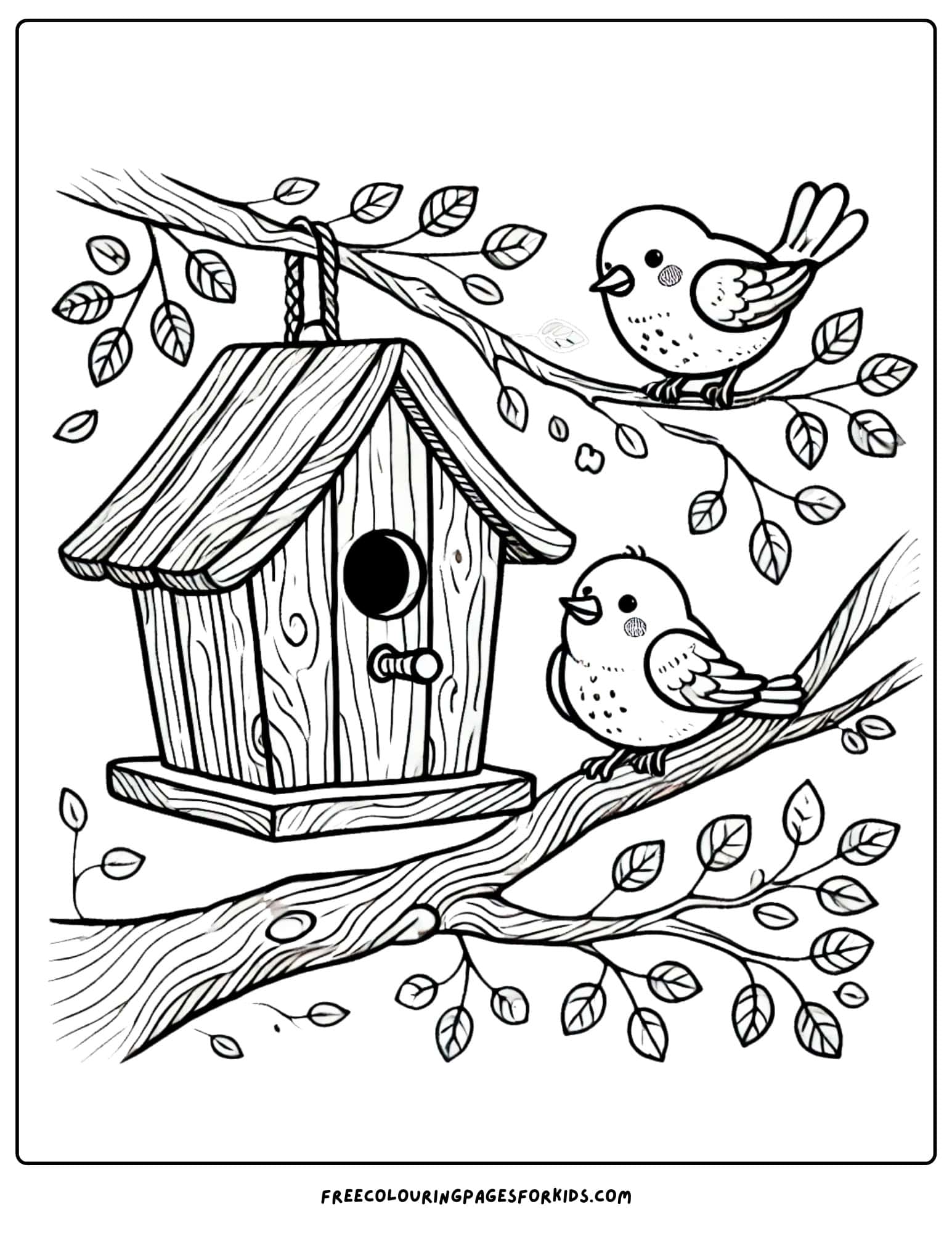 bird house with birds flying around coloring page