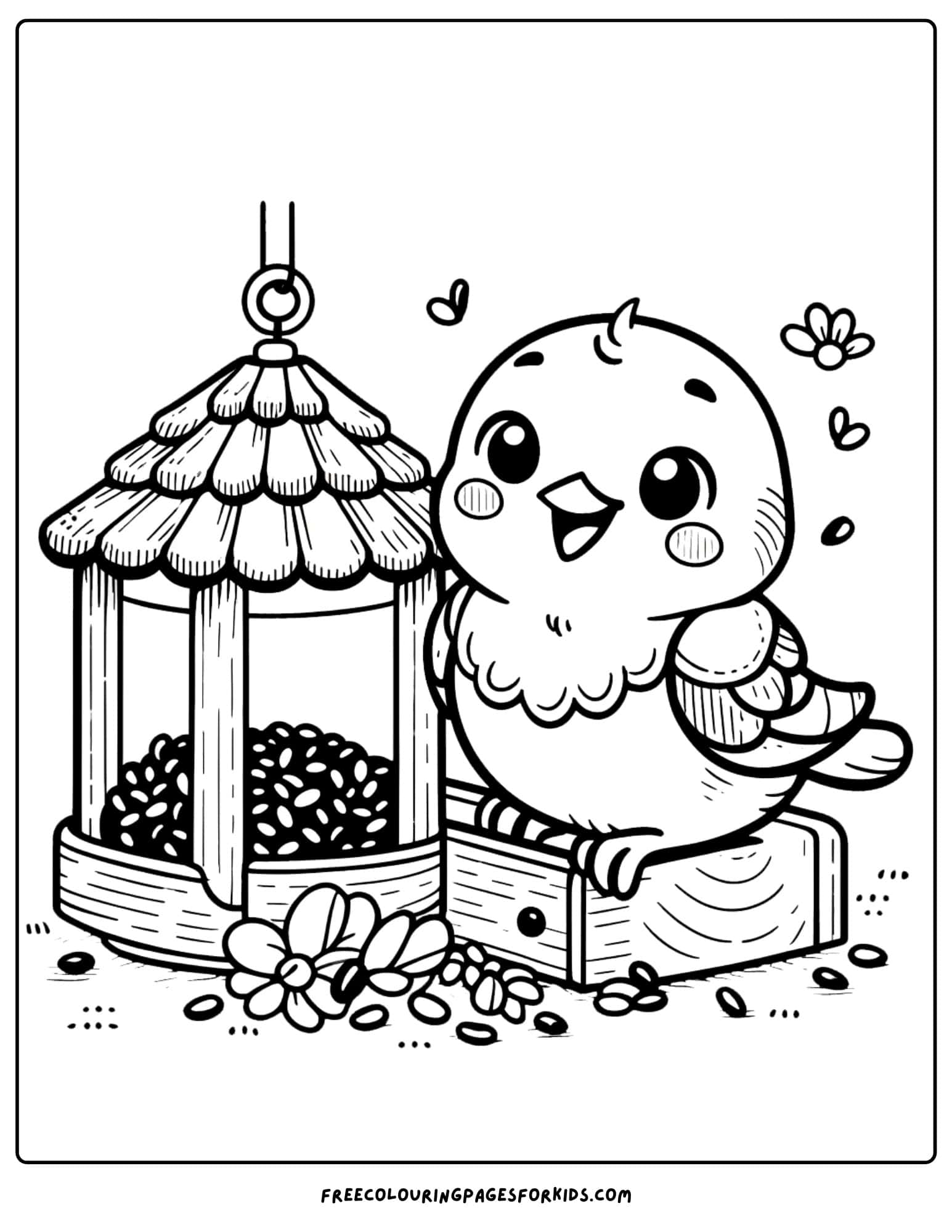 bird chirping at a bird feeder coloring page