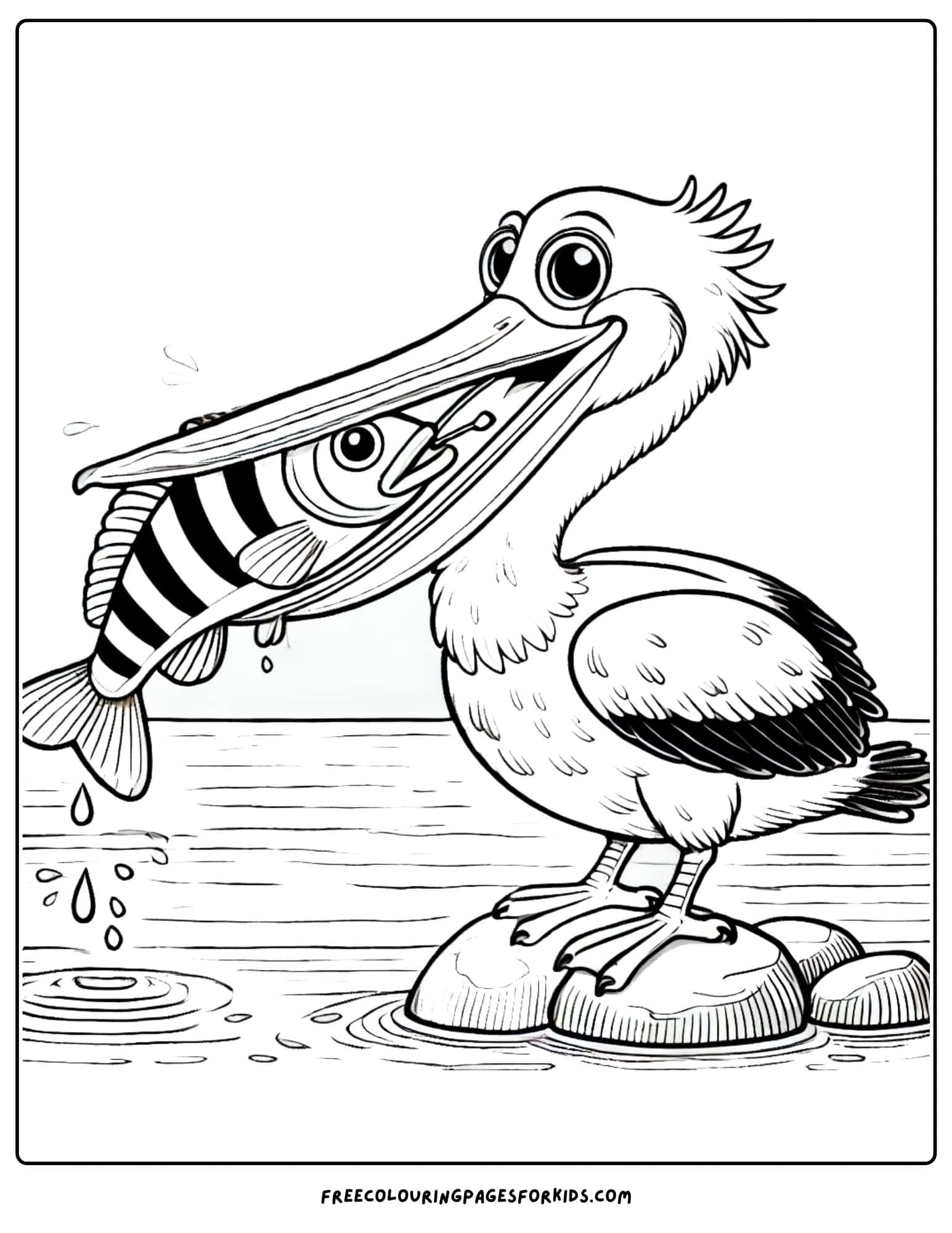 bird pelican catching a fish in its mouth coloring page