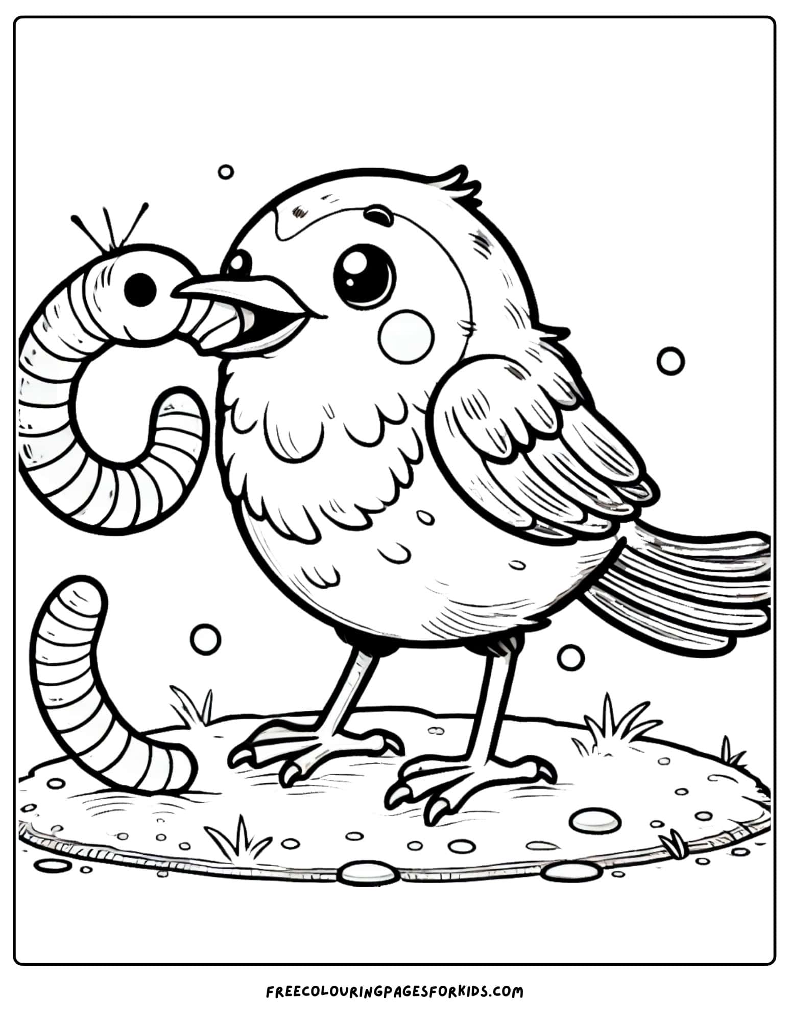 bird robin catching a worm to eat coloring page