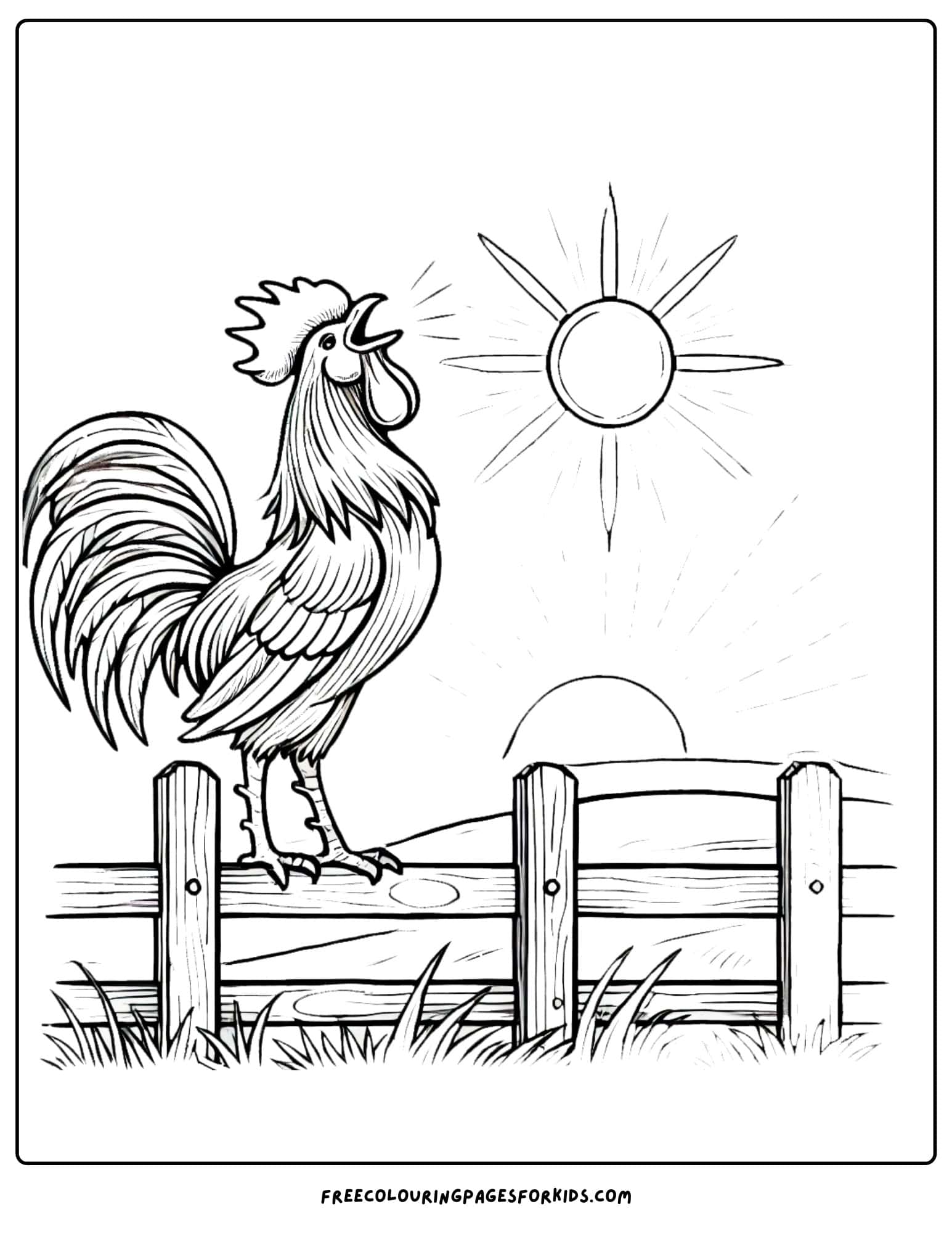 bird rooster crowing on a fence at sunrise coloring page