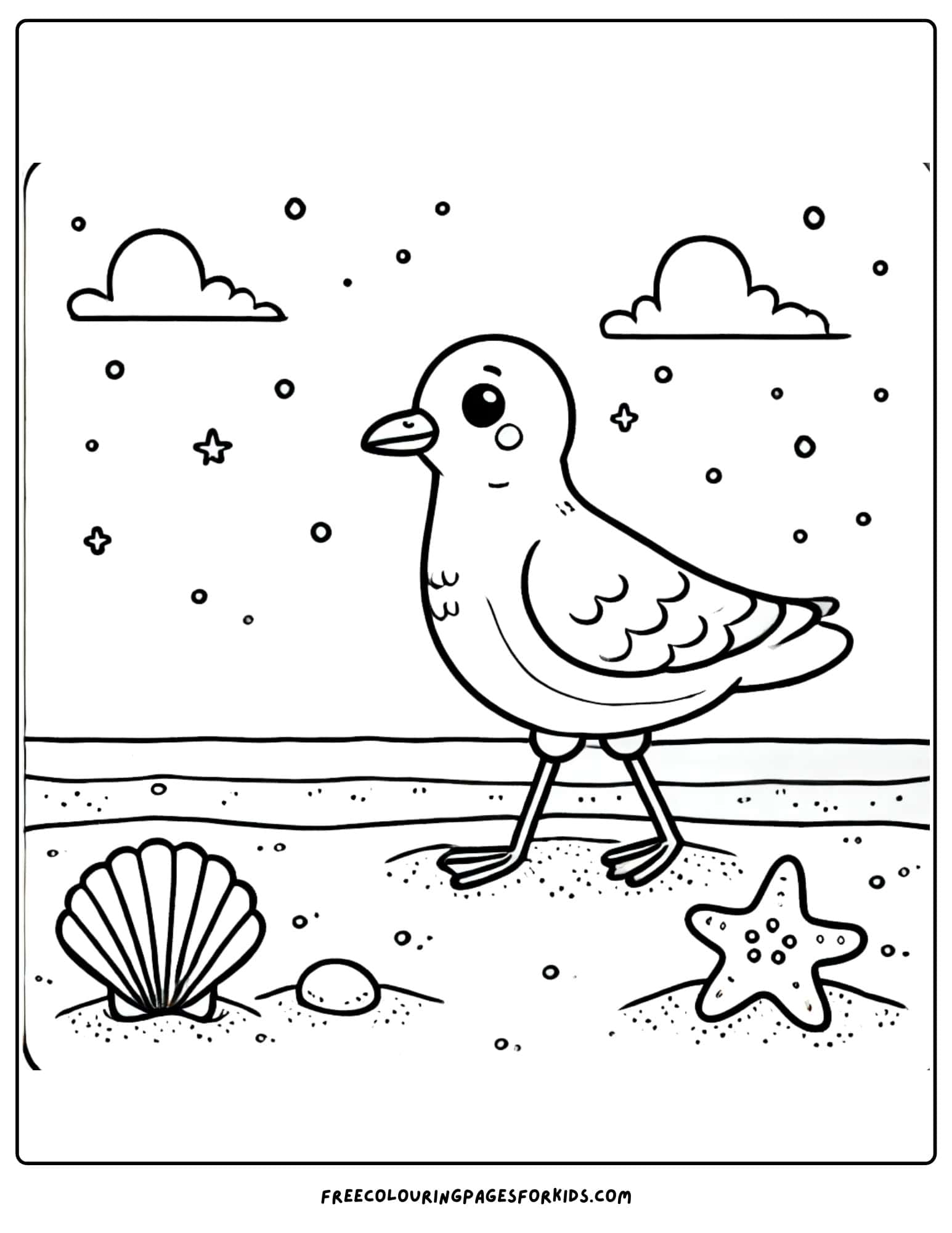 bird seagull walking on a beach coloring page