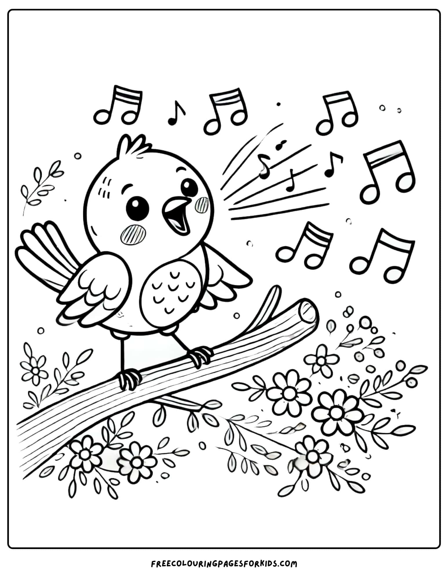 bird singing sweet music on a branch coloring page