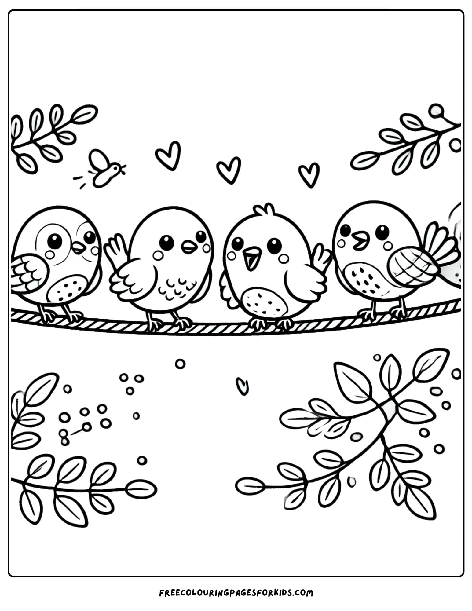 birds all sitting on a wire coloring page