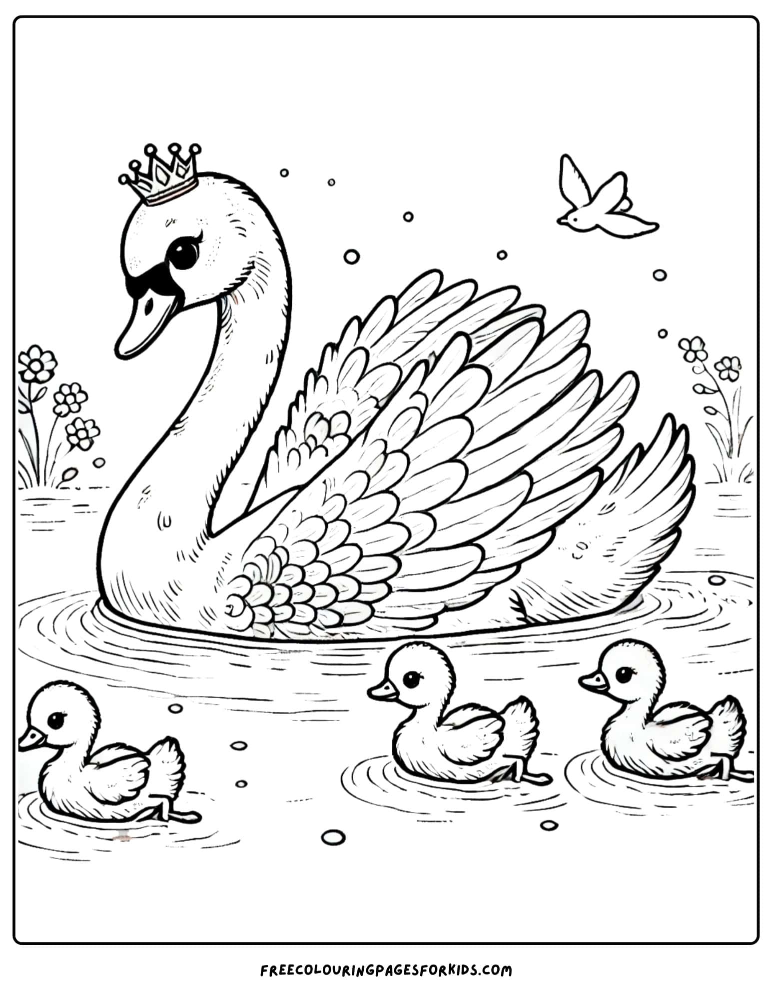 bird elegant swan with her cygnets coloring page