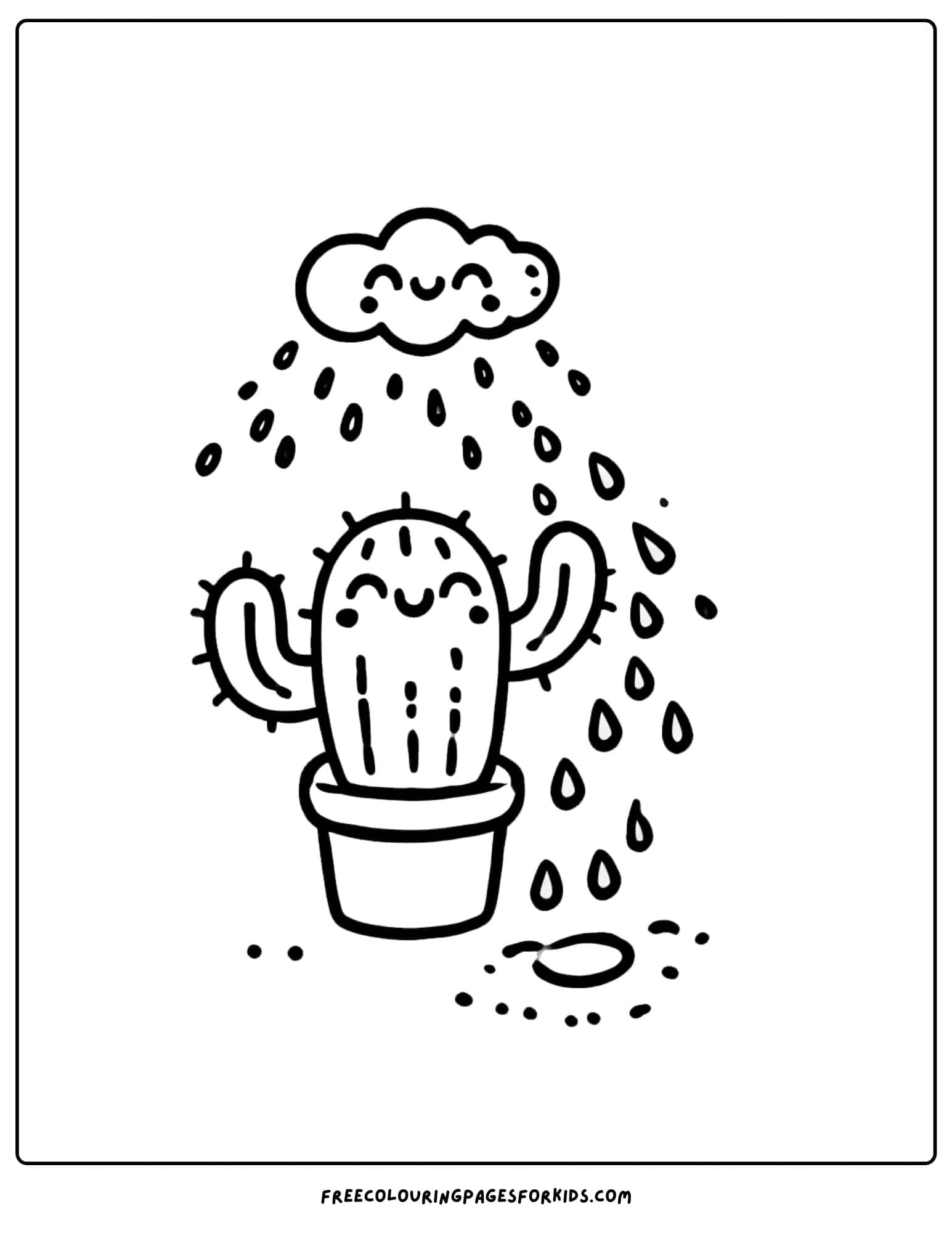 cactus being rained on by a cloud coloring page