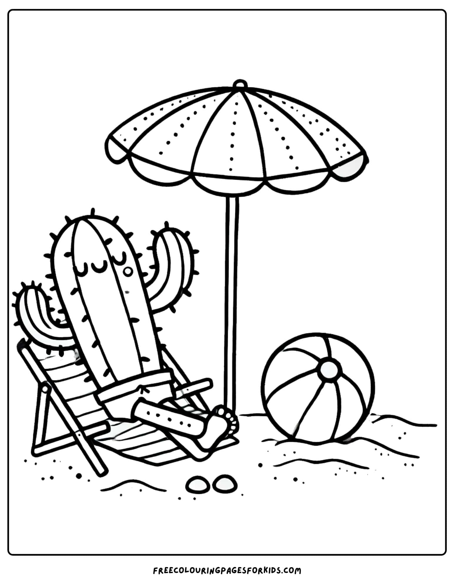 cactus relaxing on the beach under an umbrella coloring page