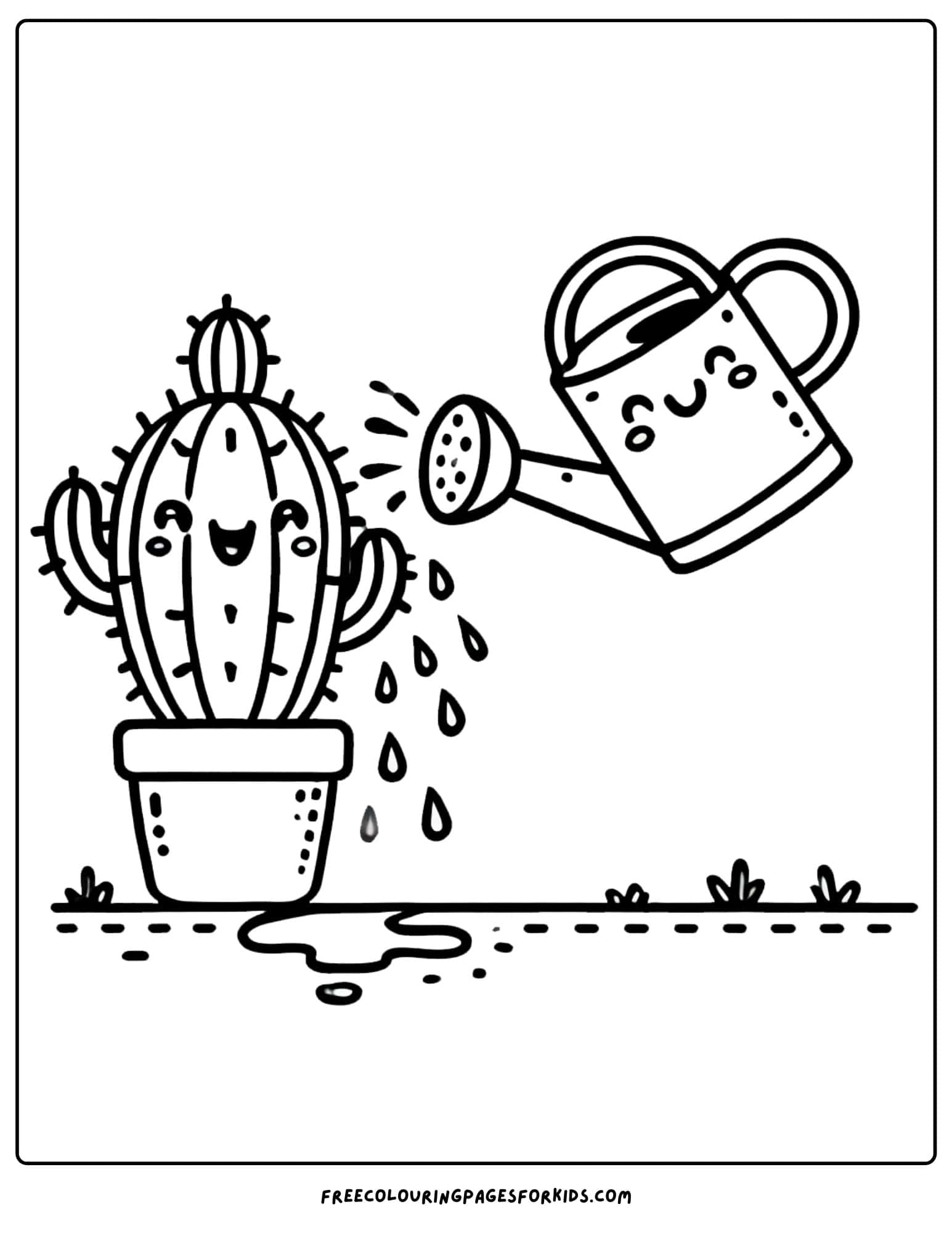 cactus being watered by a watering can coloring page