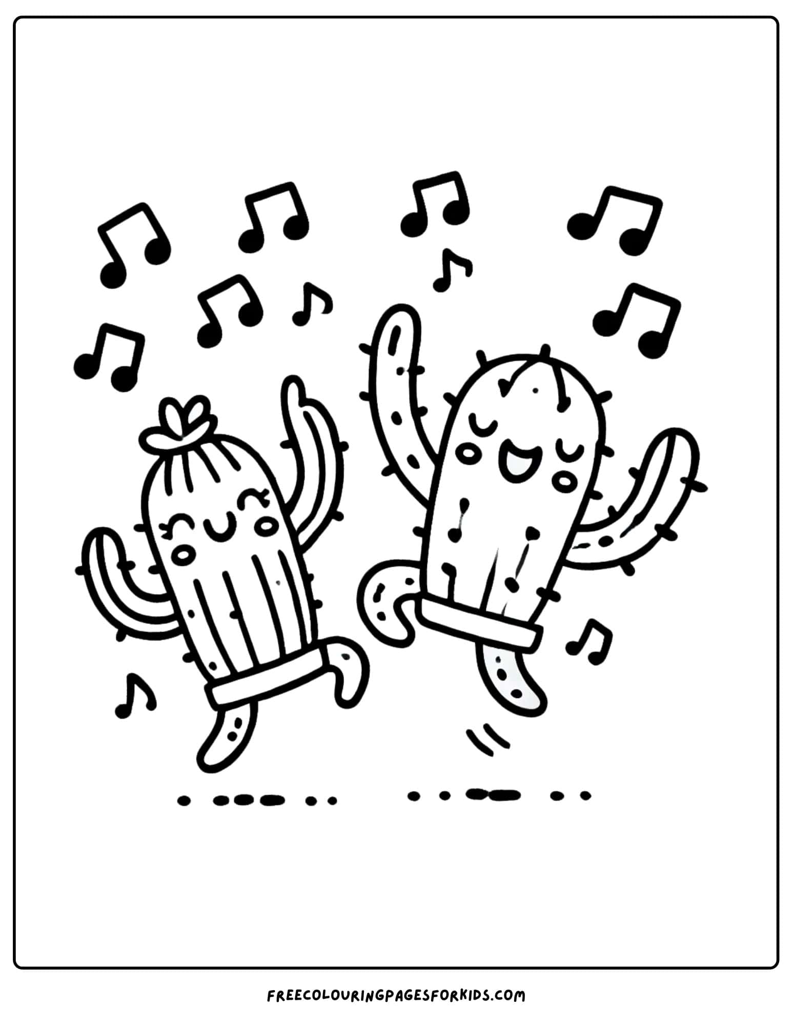 cactus dancing with music notes around coloring page