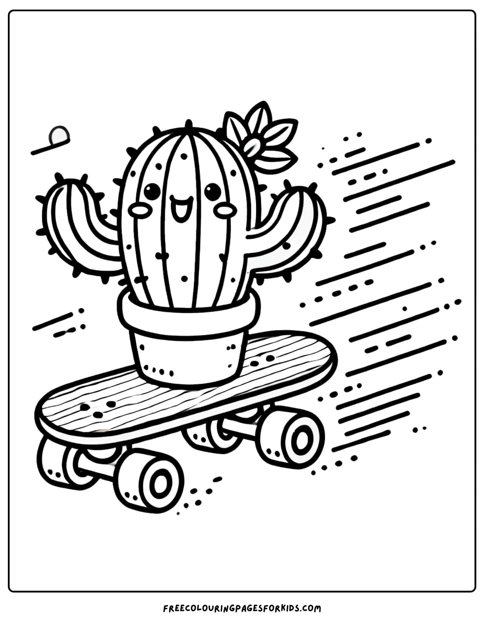 cactus zooming along on a skateboard coloring page