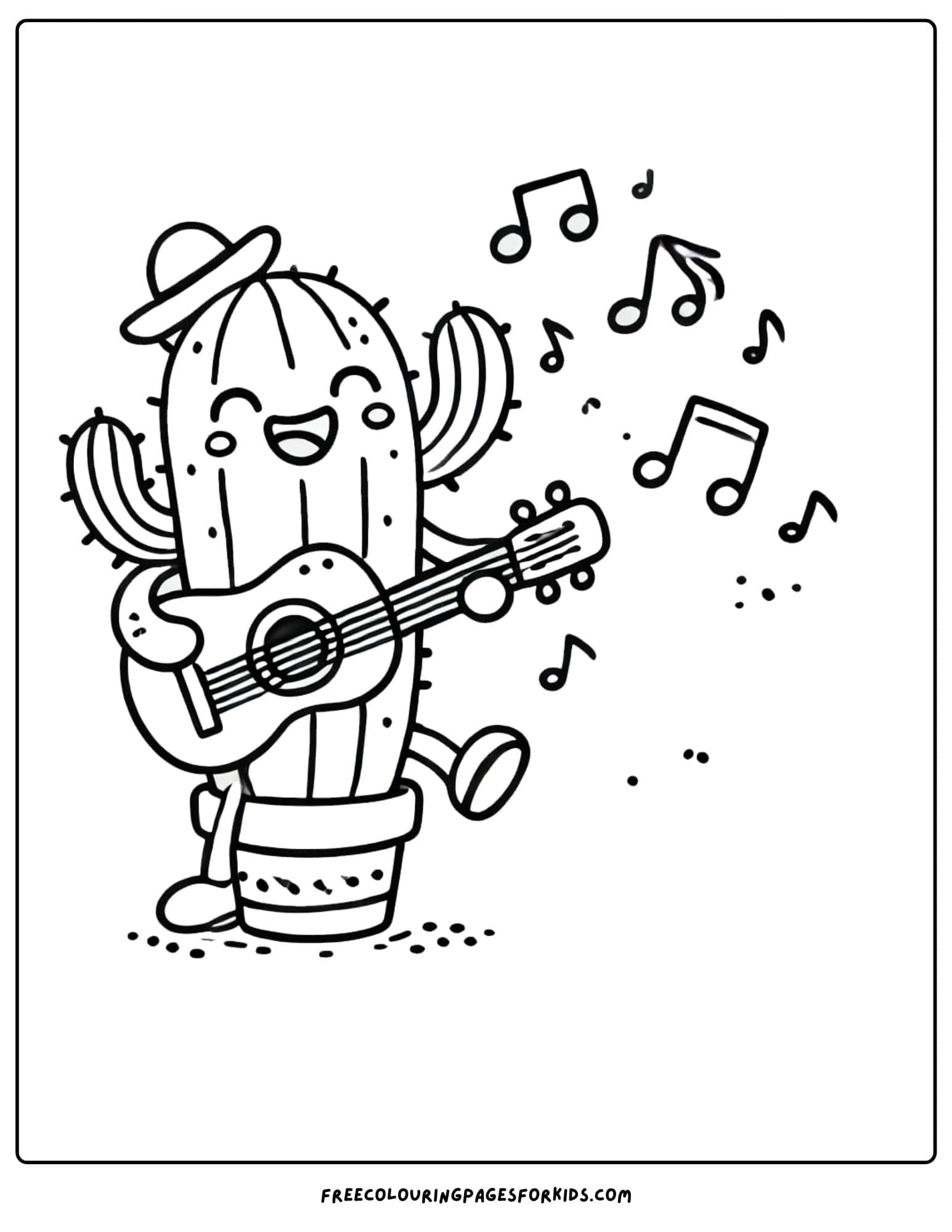 cactus playing a guitar with music notes around coloring page