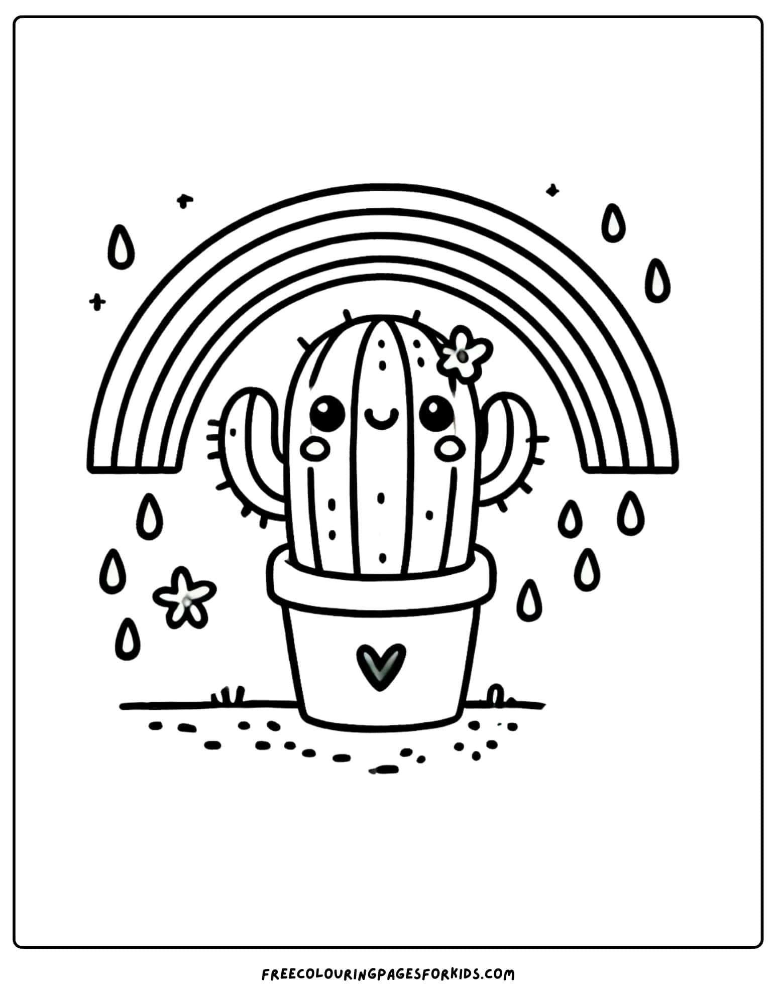 cactus in a pot under a rainbow coloring page