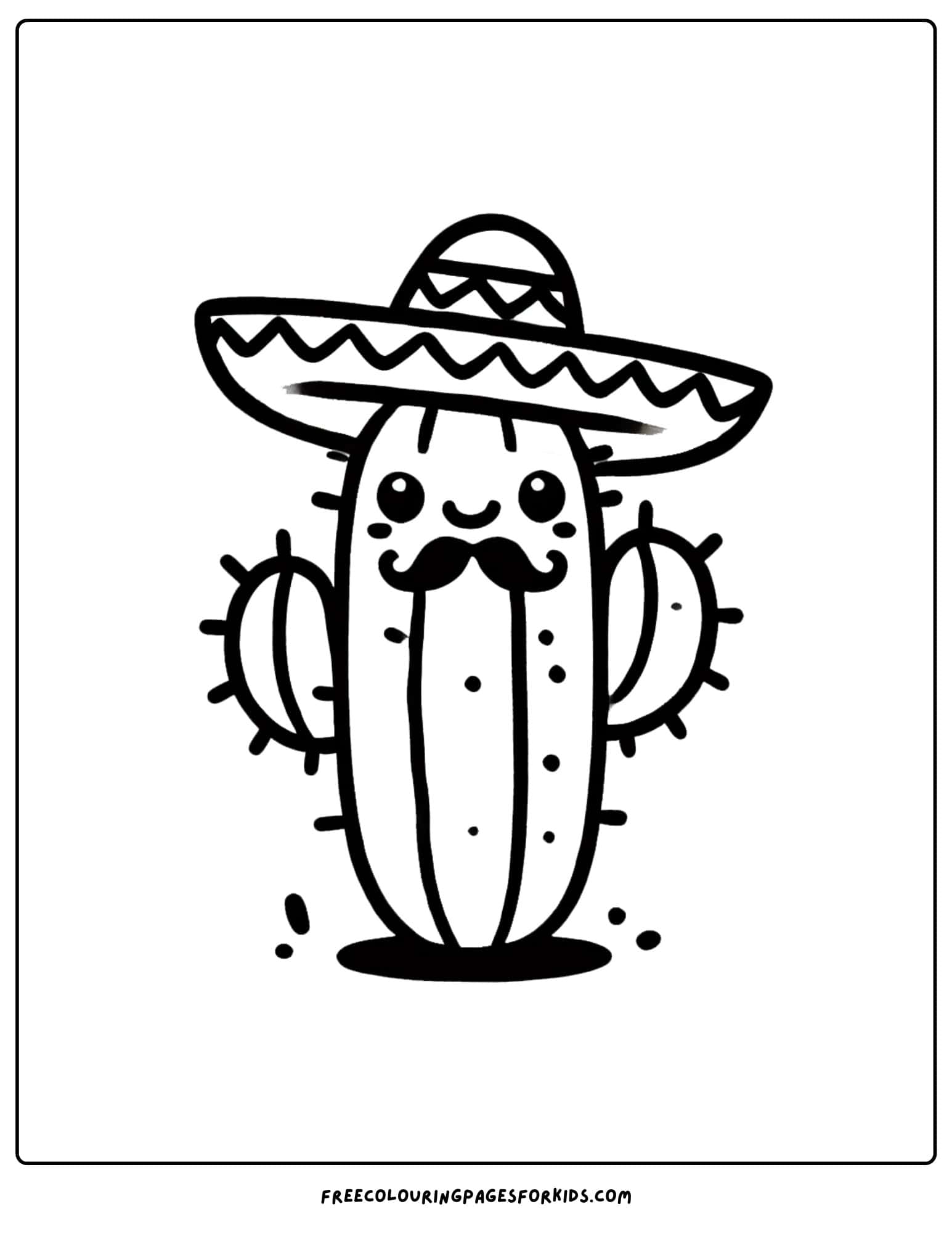 cactus with a sombrero and mustache coloring page