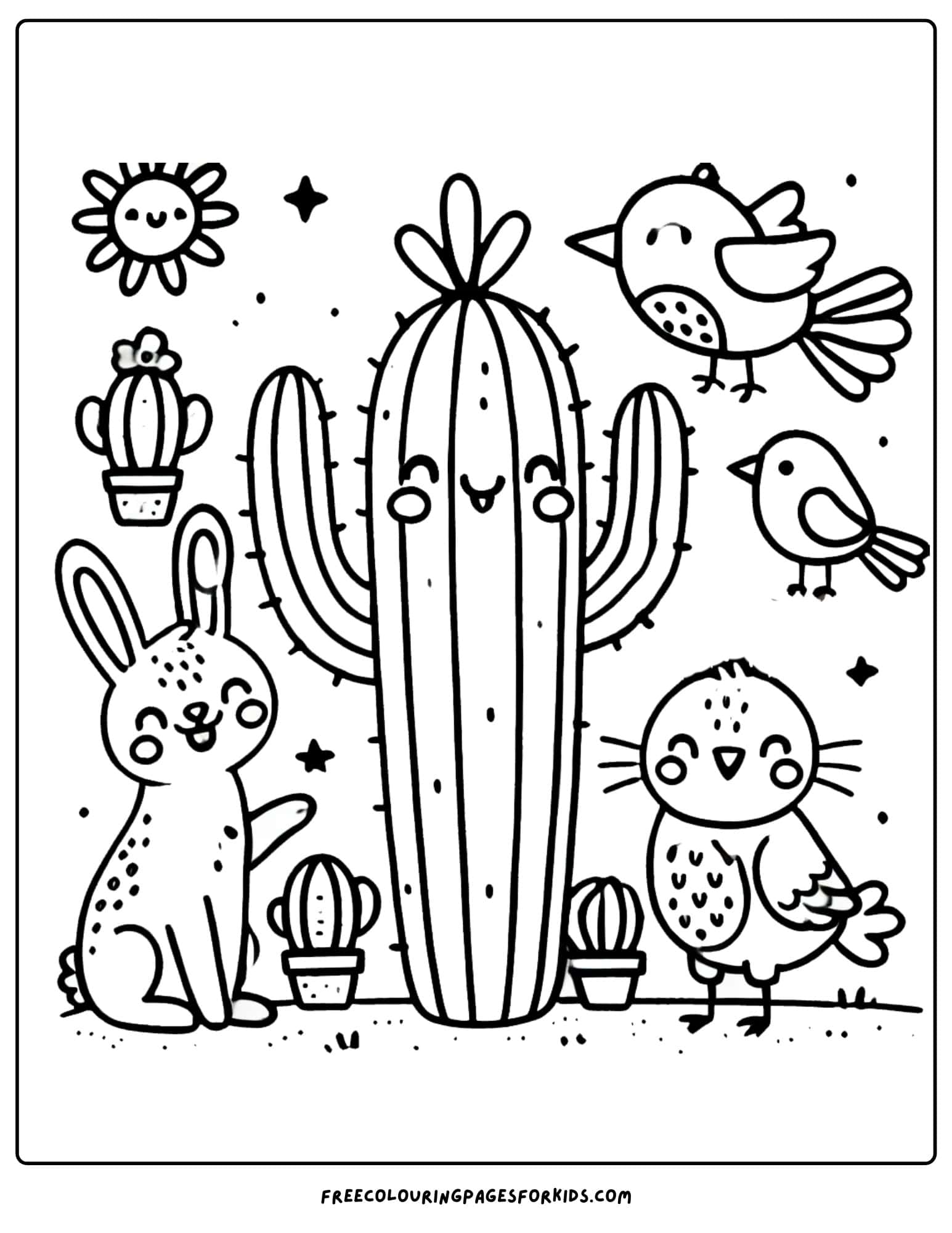 cactus with some animal friends coloring page