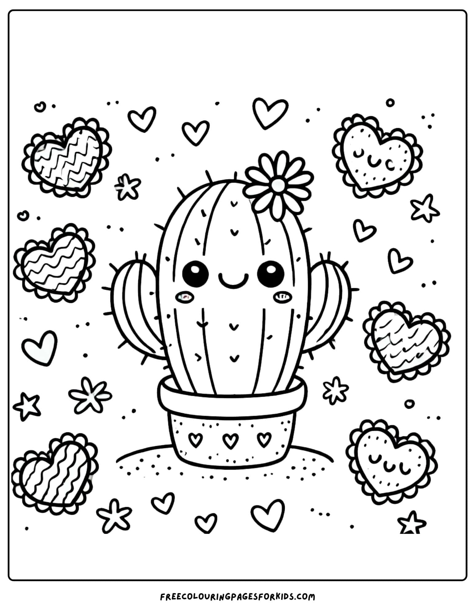 cactus with hearts around it coloring page