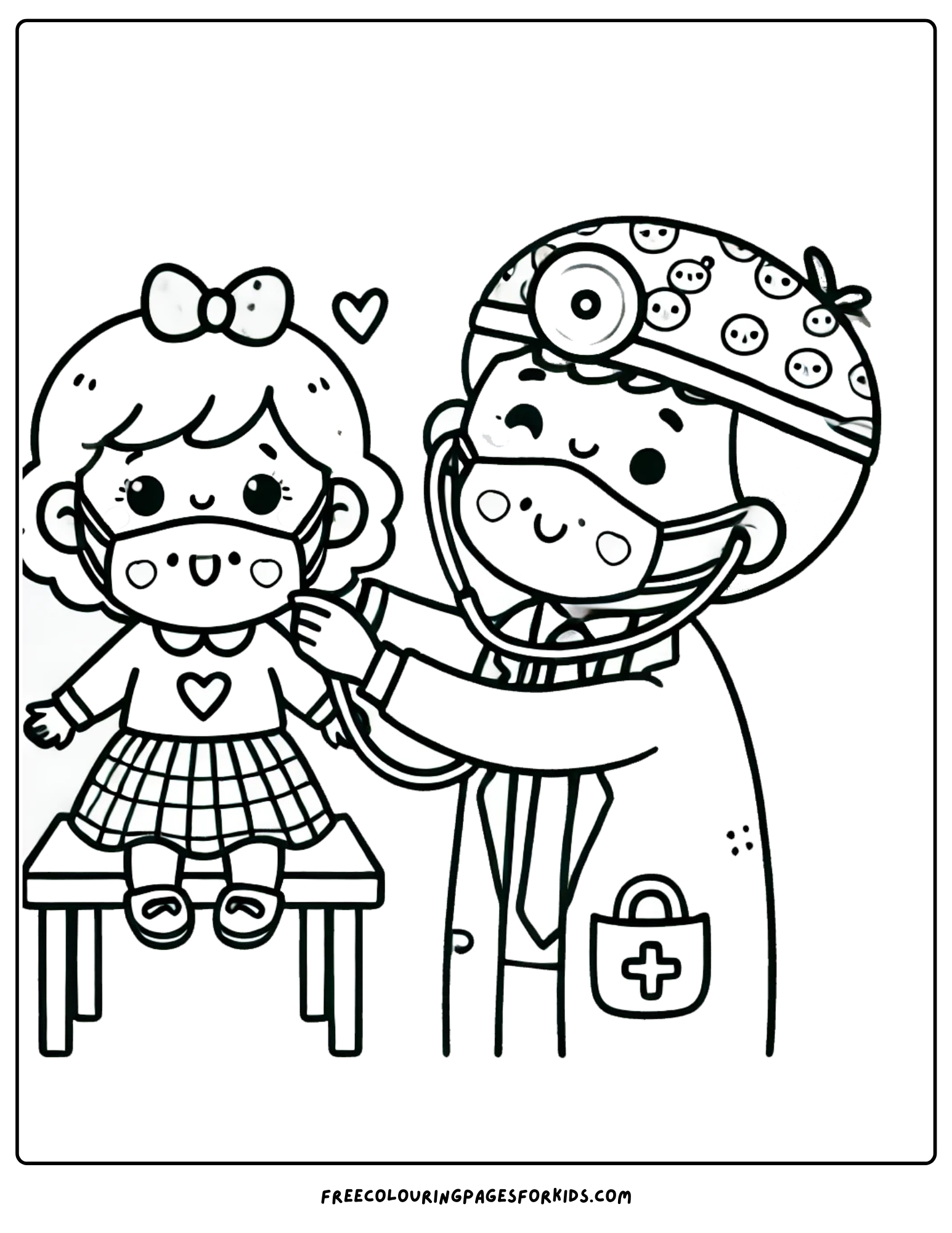 doctor wearing a mask treating a child coloring page