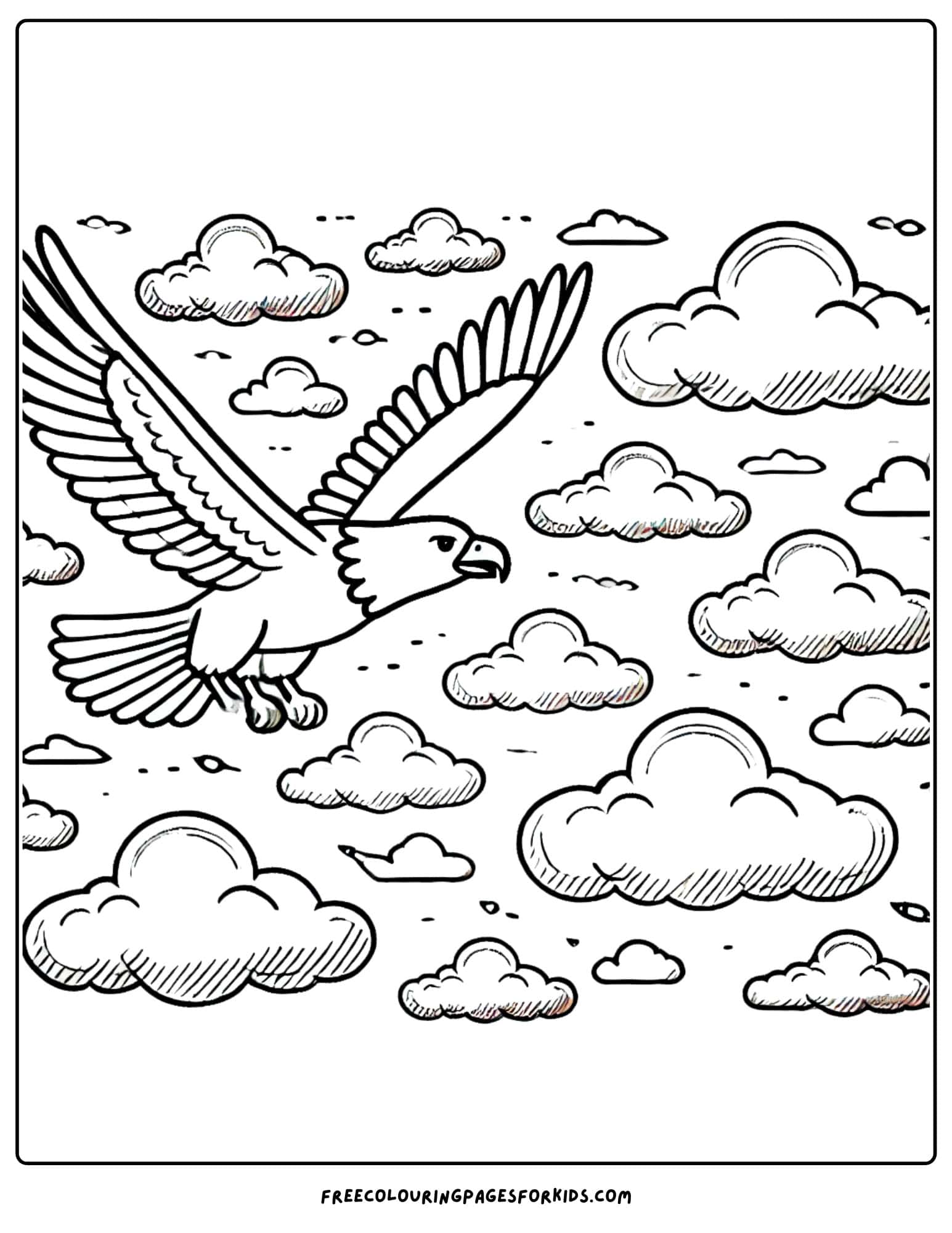 eagle flying on a cloudy day coloring page