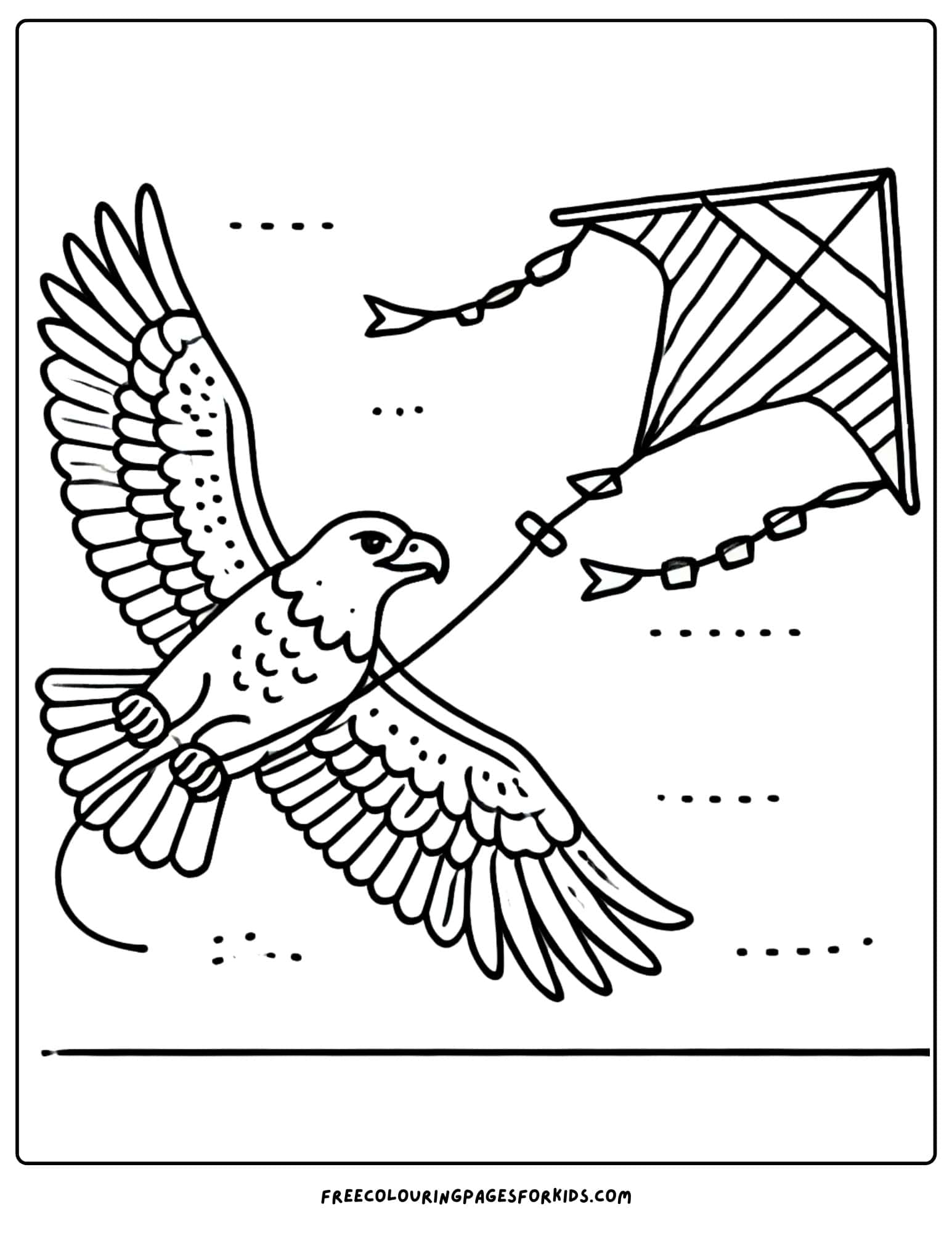 eagle flying while flying a kite coloring page