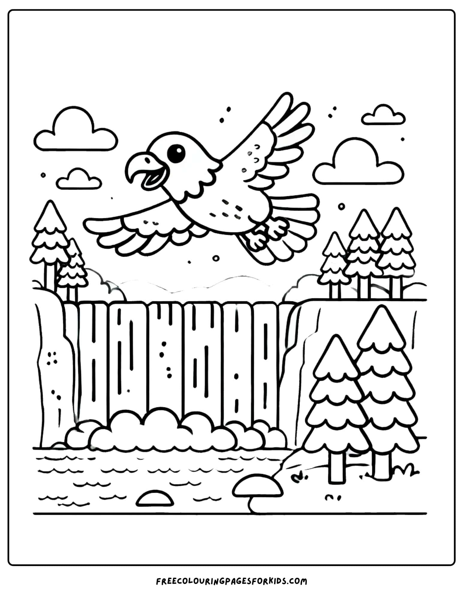 eagle flying over a waterfall coloring page