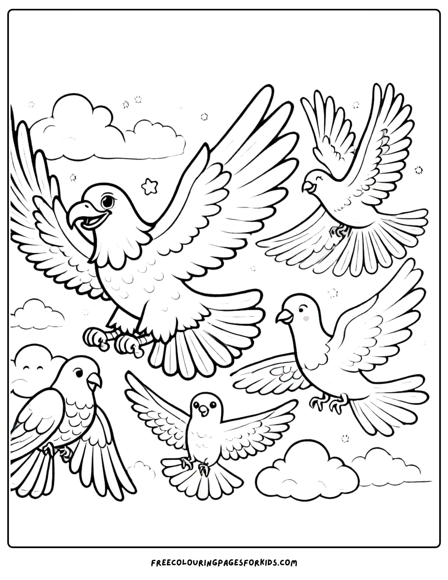 eagle flying with other bird friends coloring page