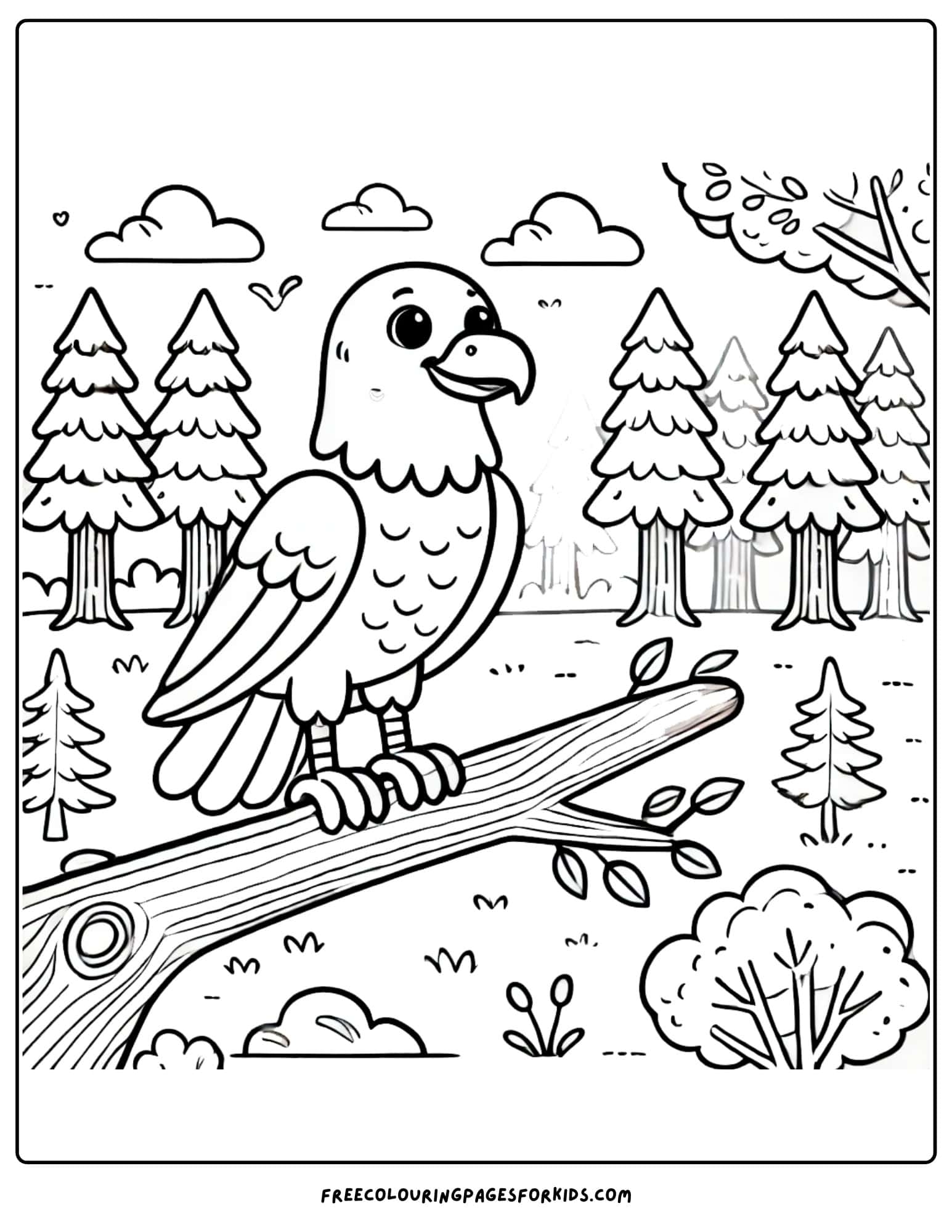 eagle sitting on a branch in a forest coloring page