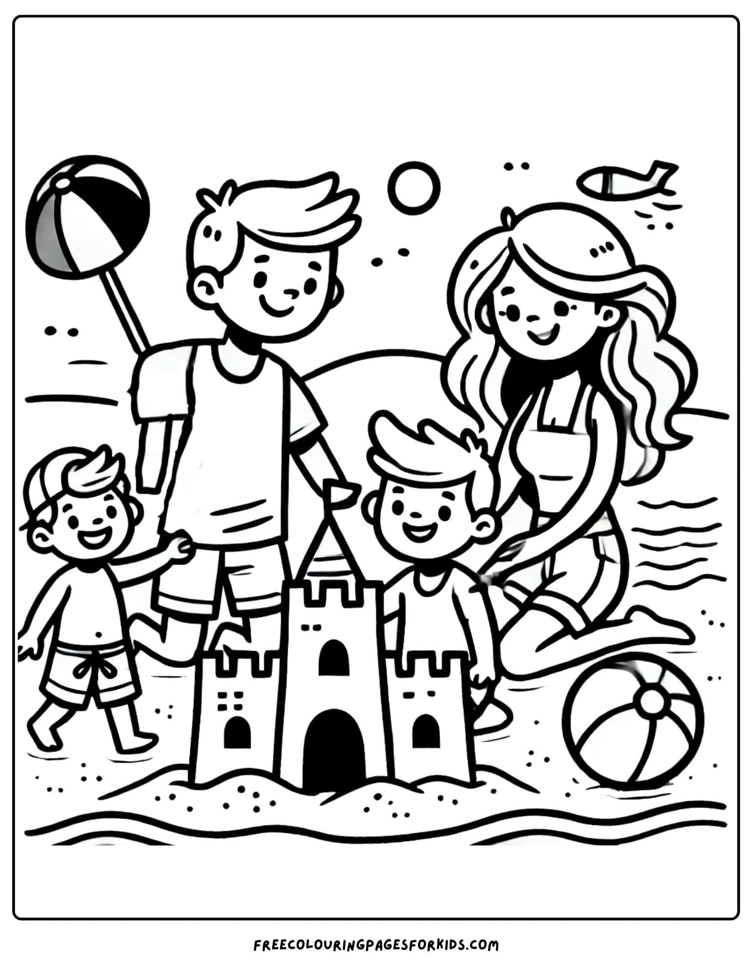 family building a sandcastle at the beach coloring page