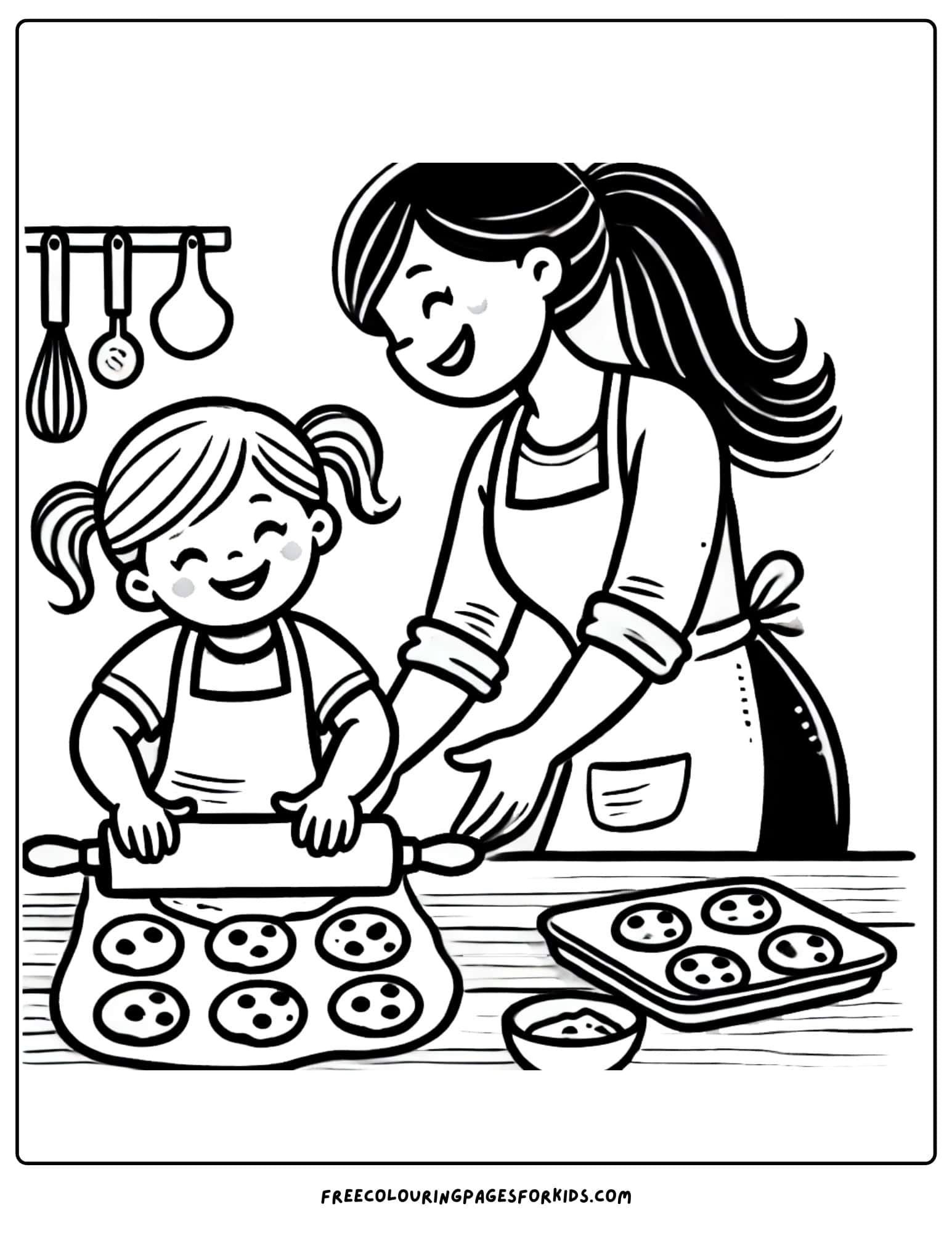 family mom and daughter baking coloring page