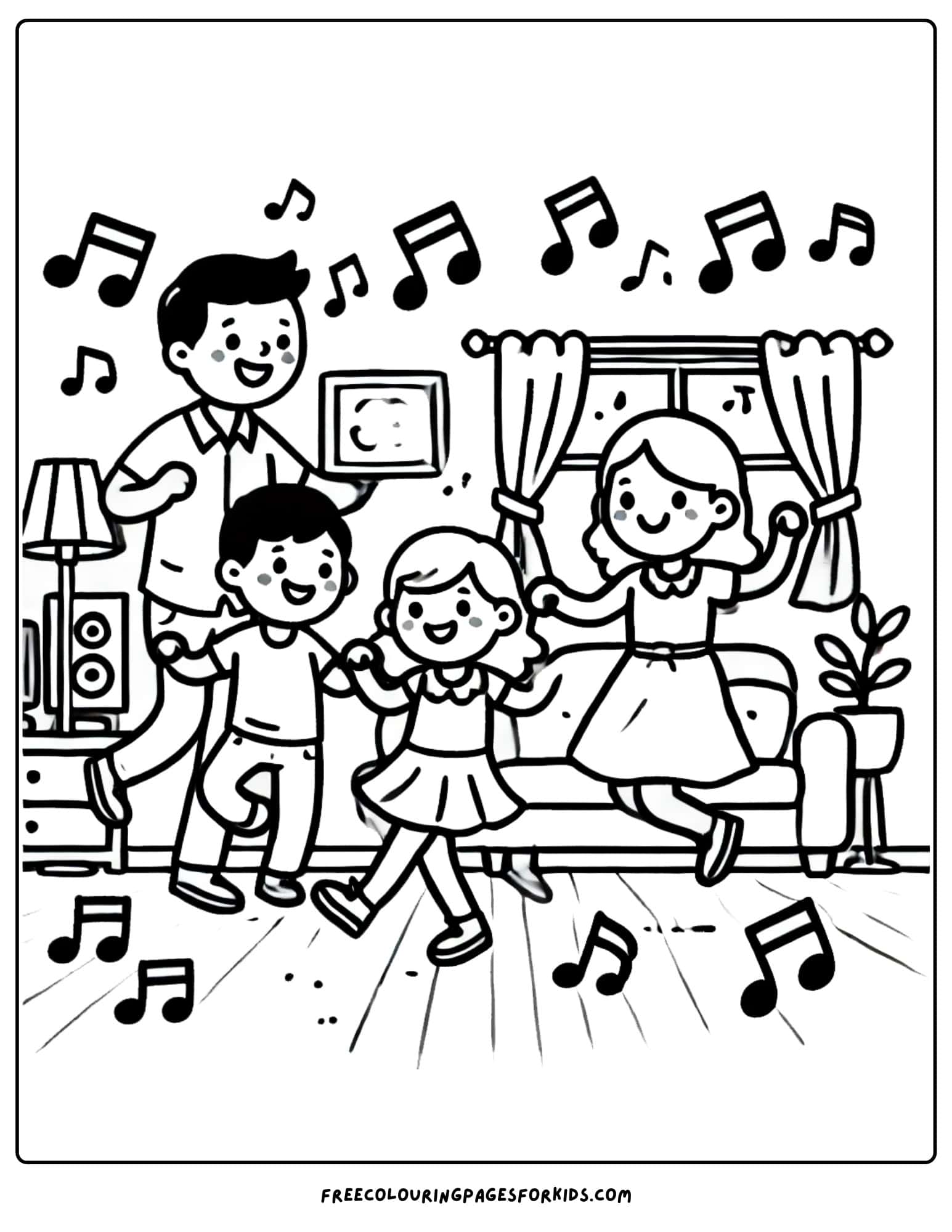 family dancing in the living room coloring page