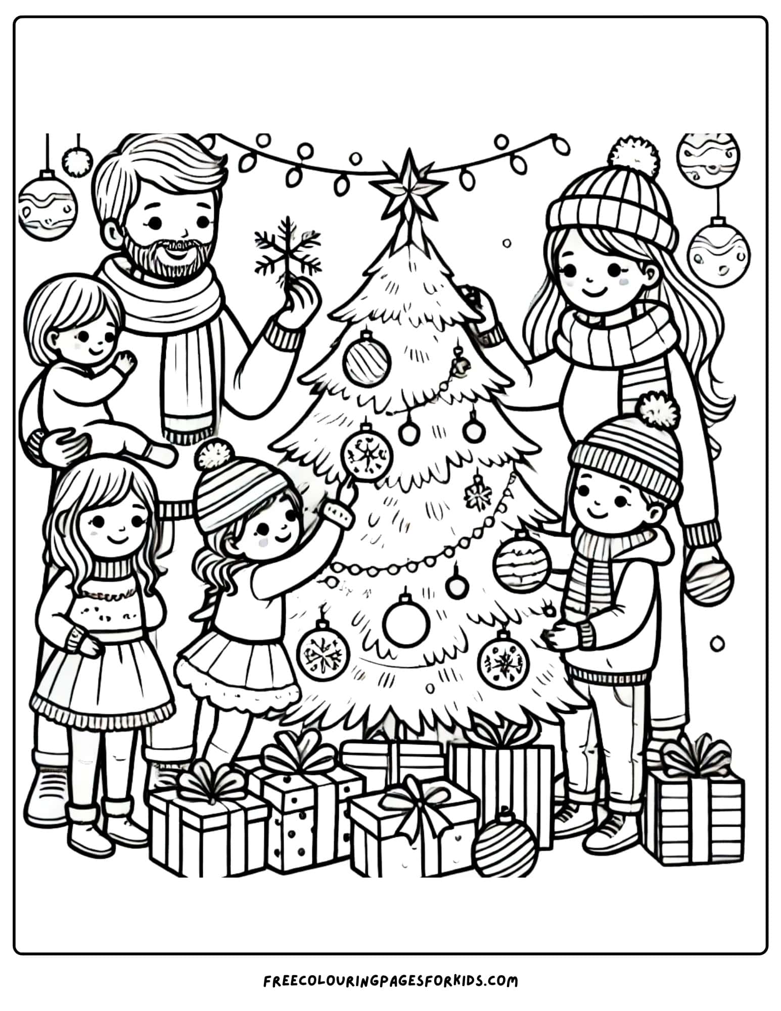 family decorating the christmas tree coloring page