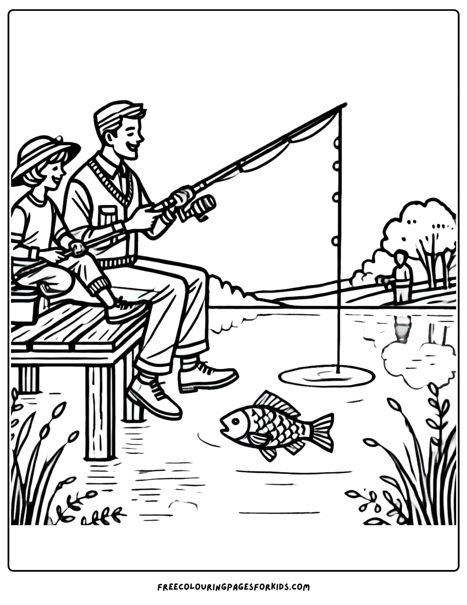 family going fishing coloring page