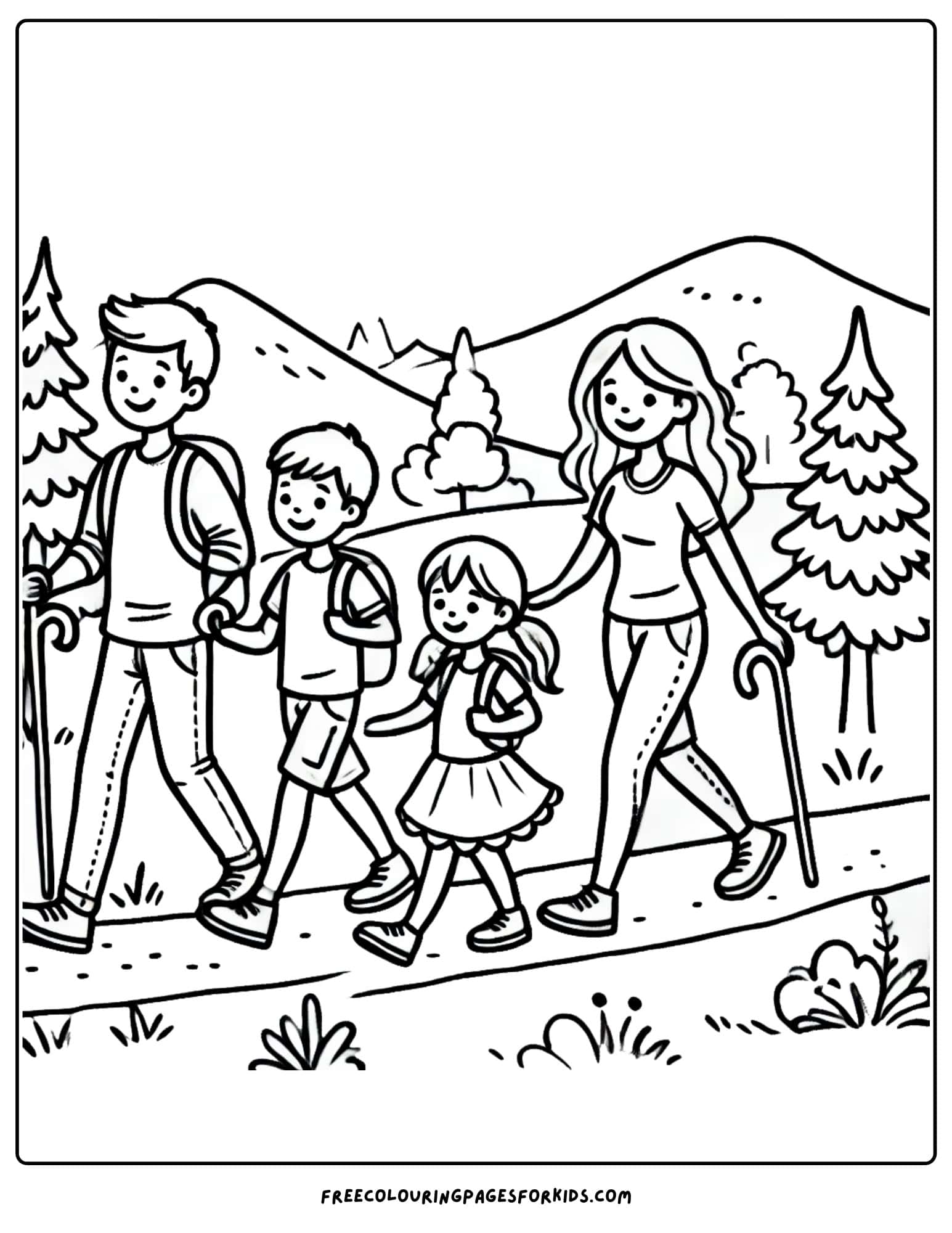 family going on a hike coloring page