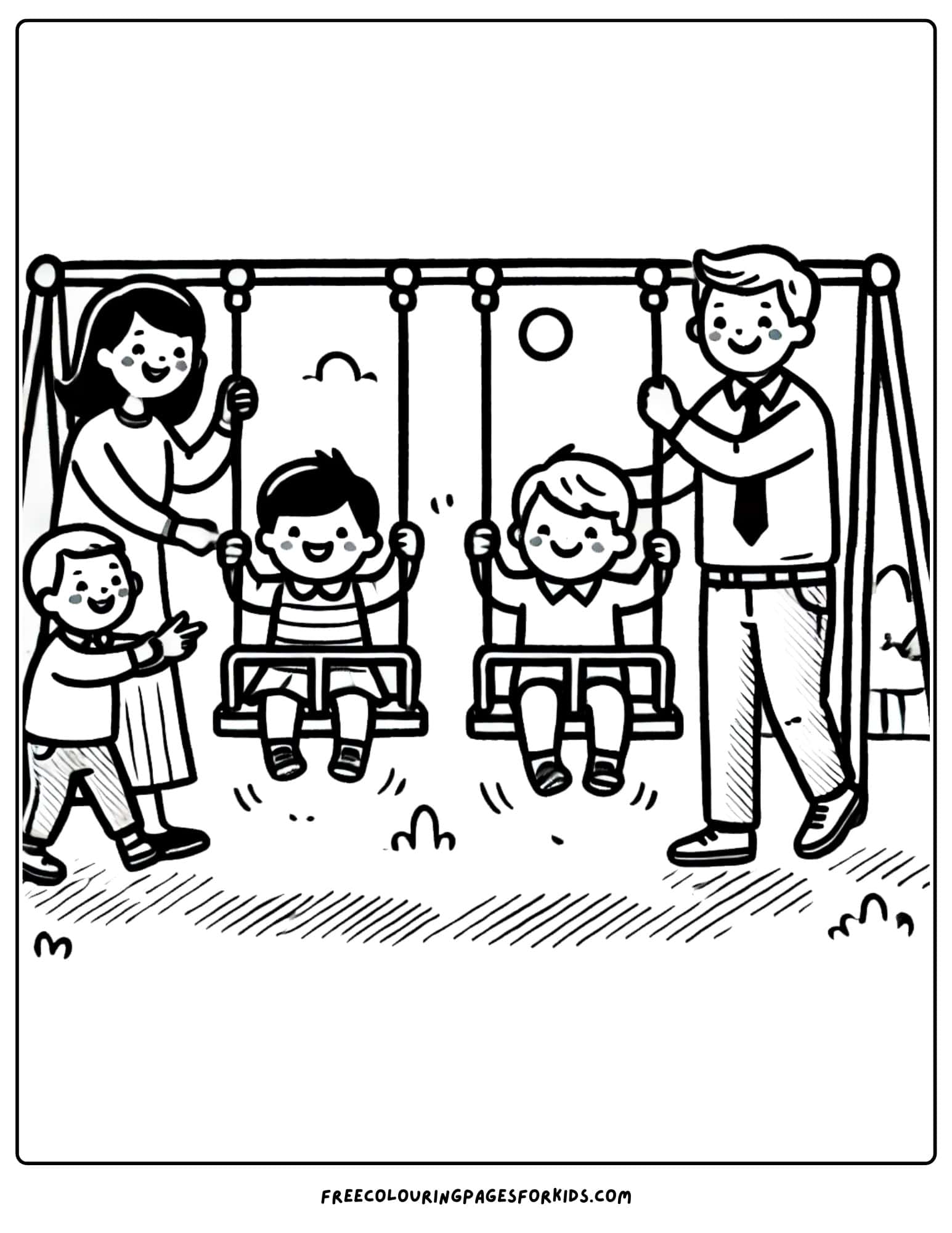 family pushing kids on the swings coloring page