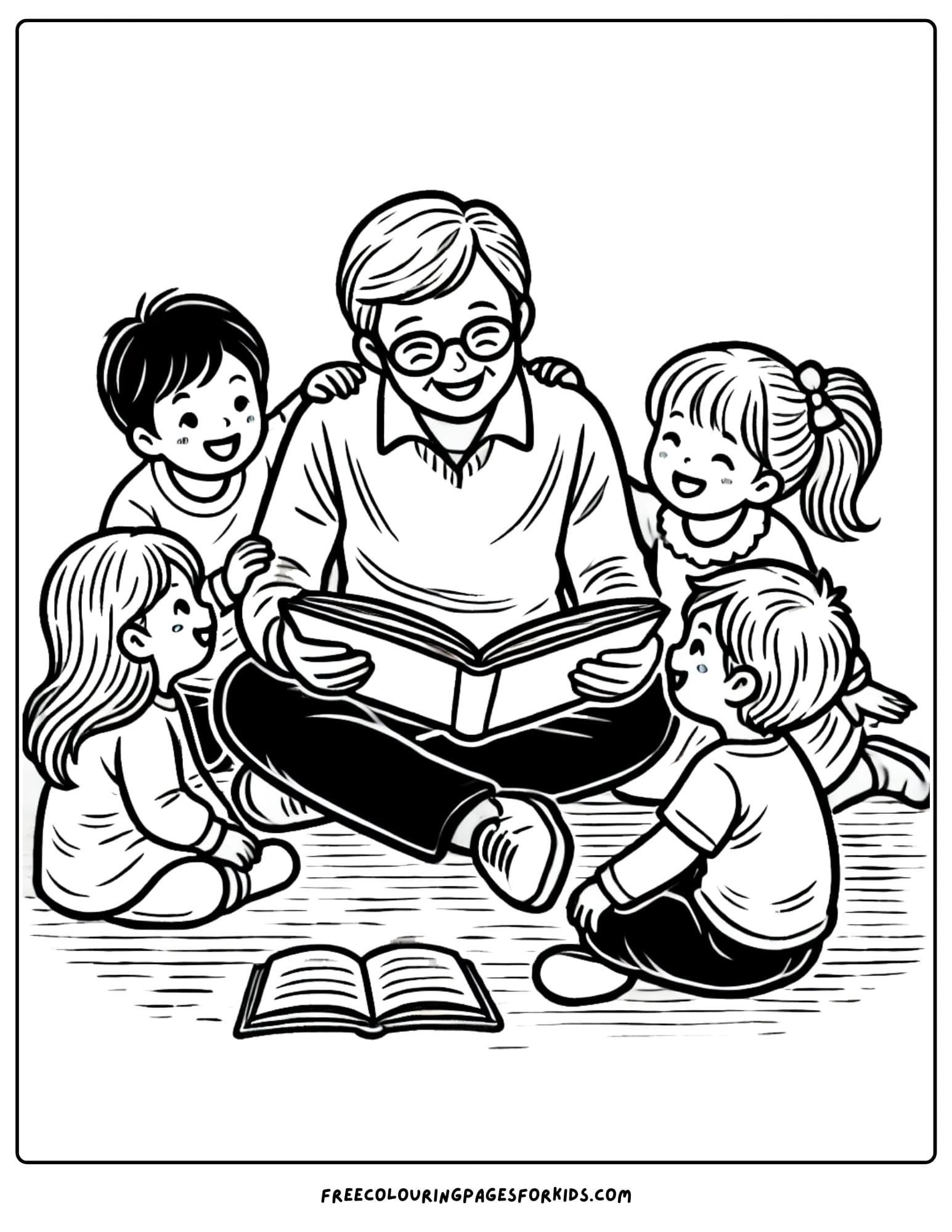 family reading a book together coloring page