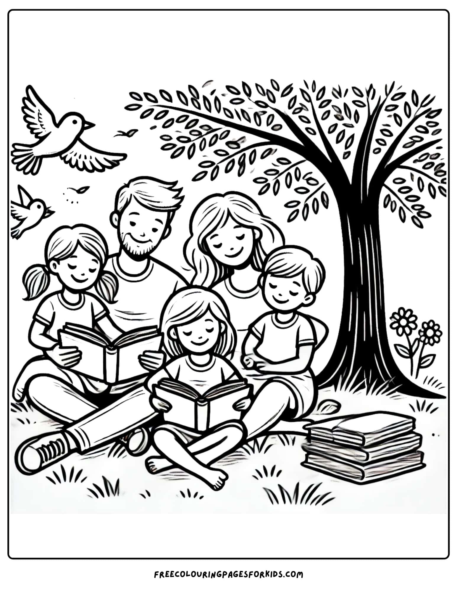 family reading books under a tree coloring page