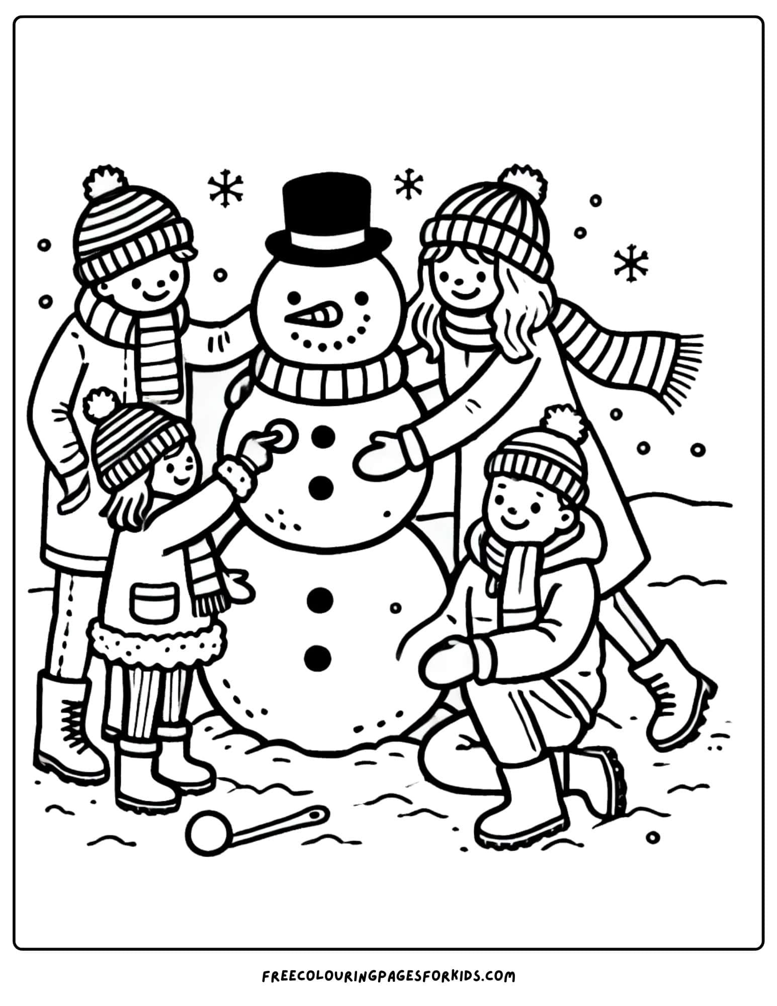 family building a snow man coloring page