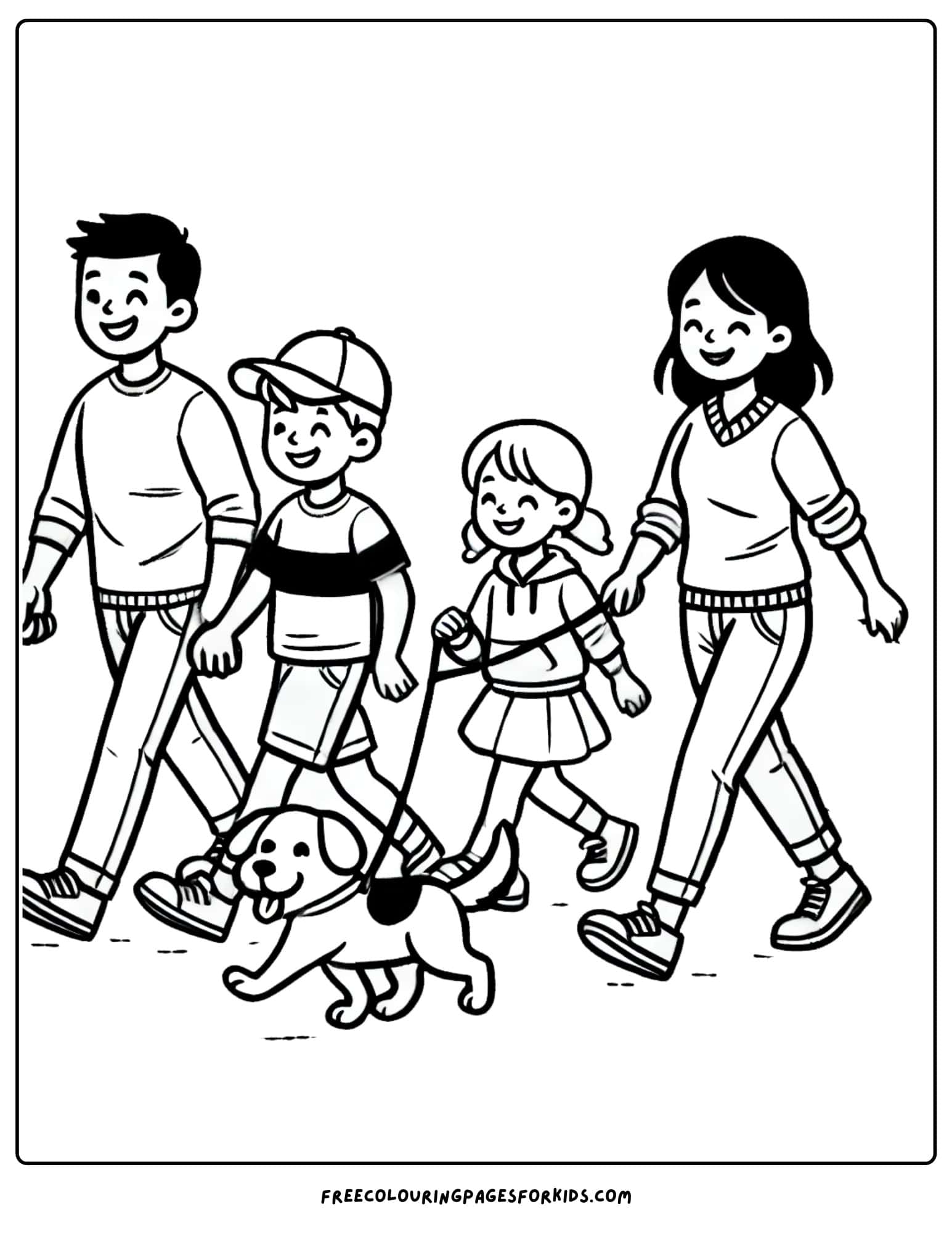 family walking the dog coloring page