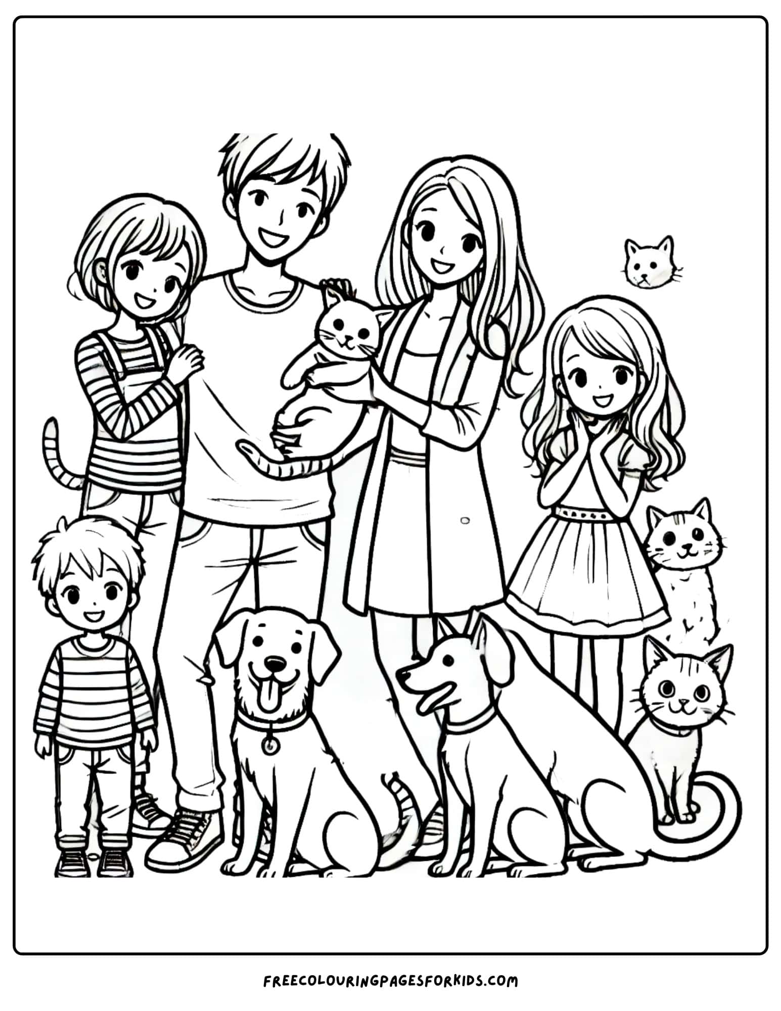 family with their pets coloring page