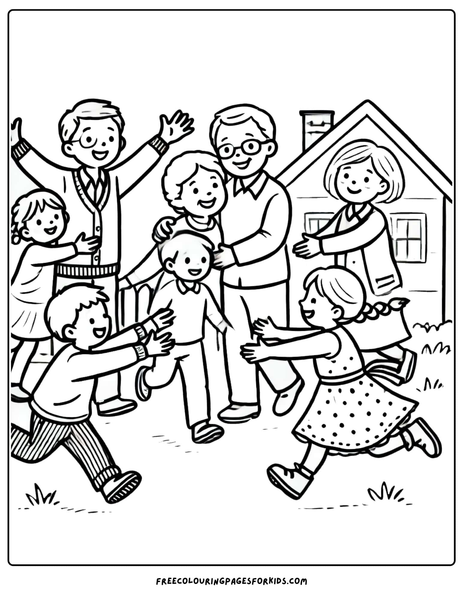 family visiting grandparents coloring page