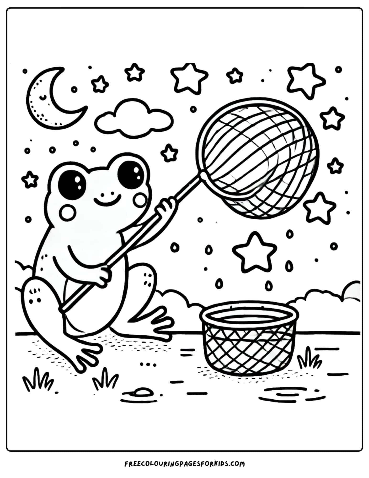 frog catching stars with a net coloring page