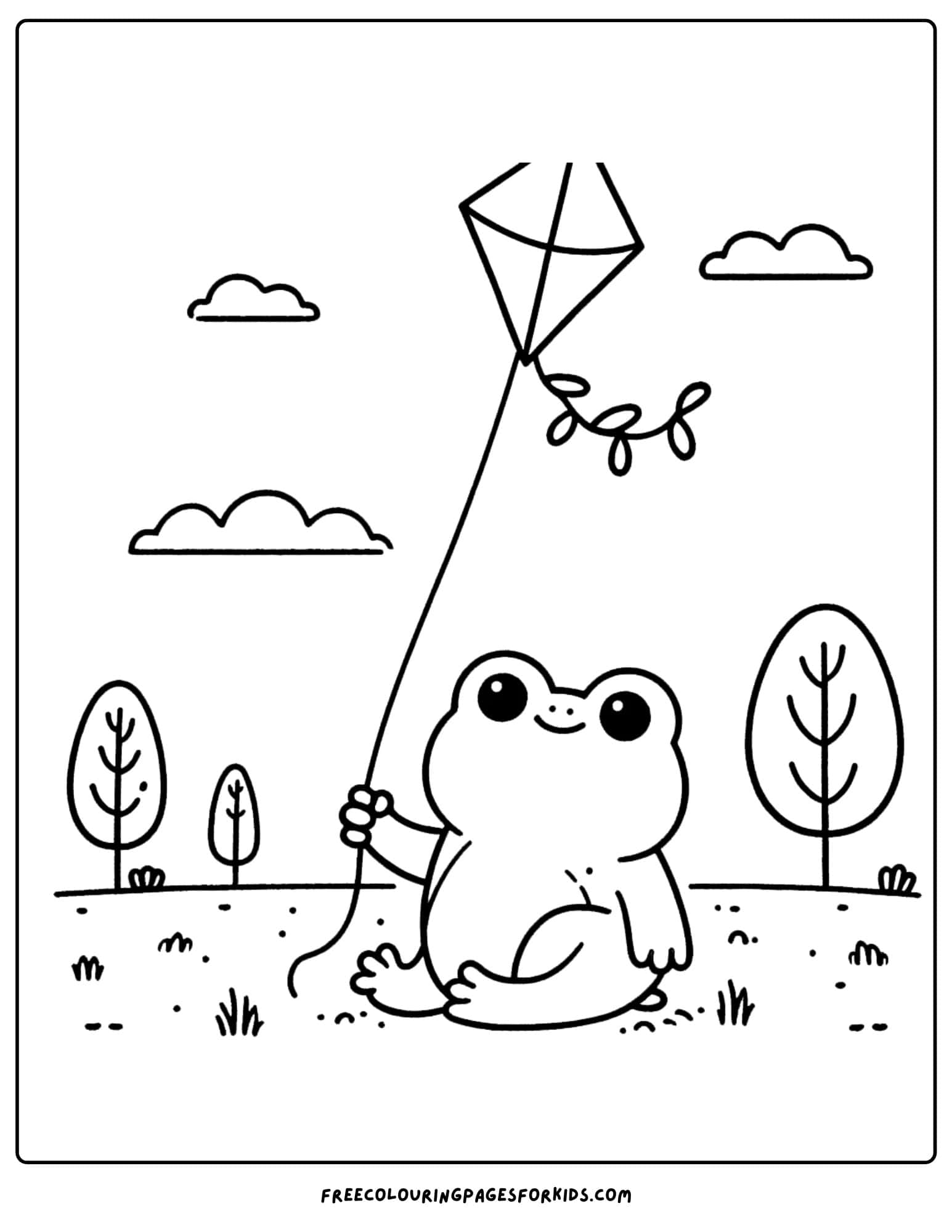 frog flying a kite coloring page