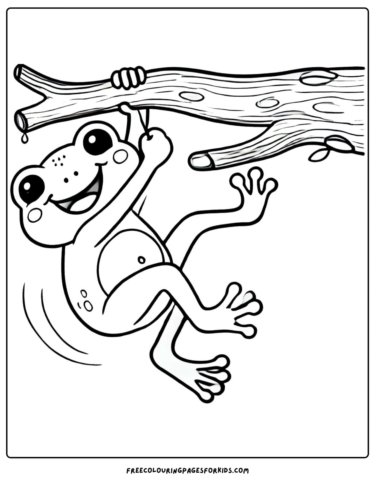 frog hanging from a tree branch coloring page