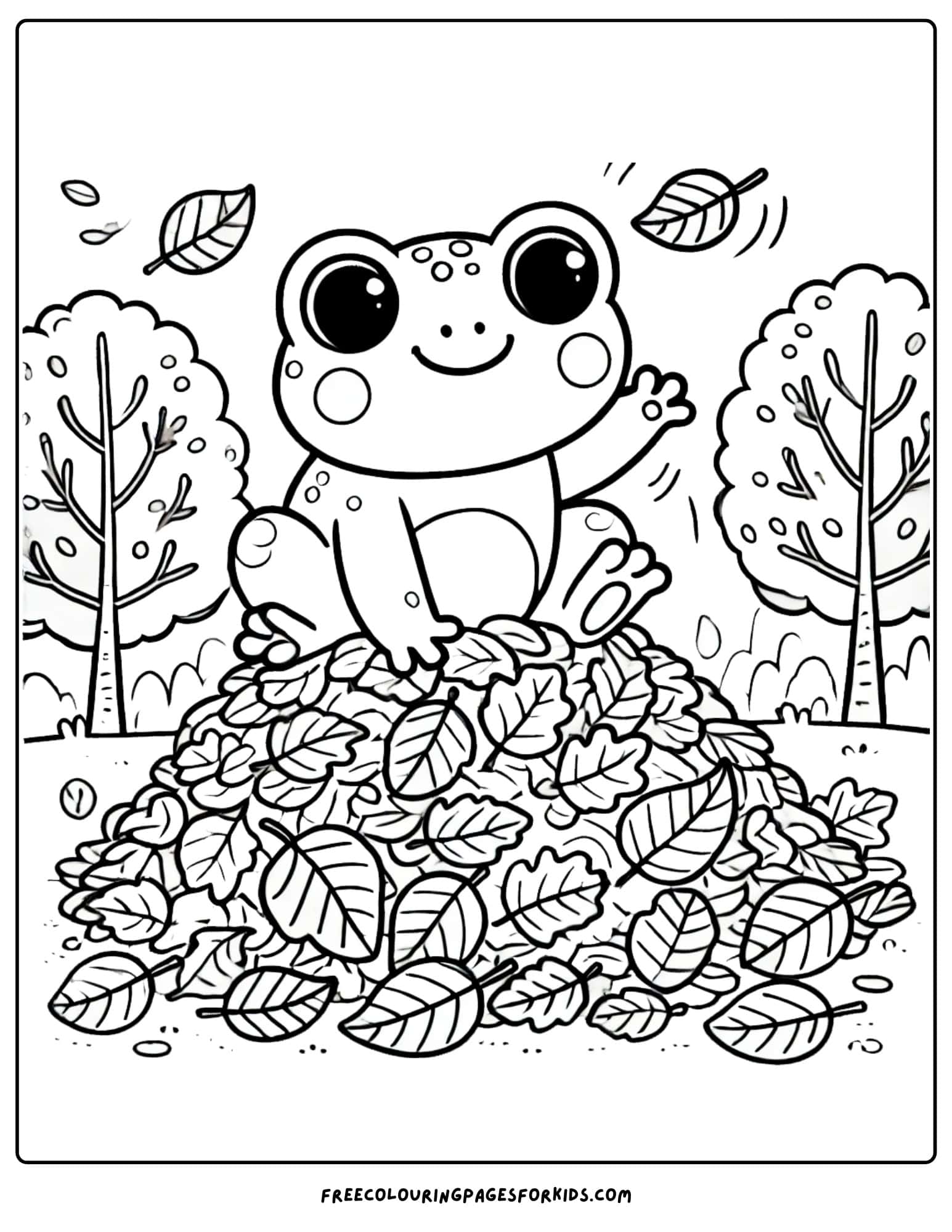 frog jumping on a pile of leaves coloring page