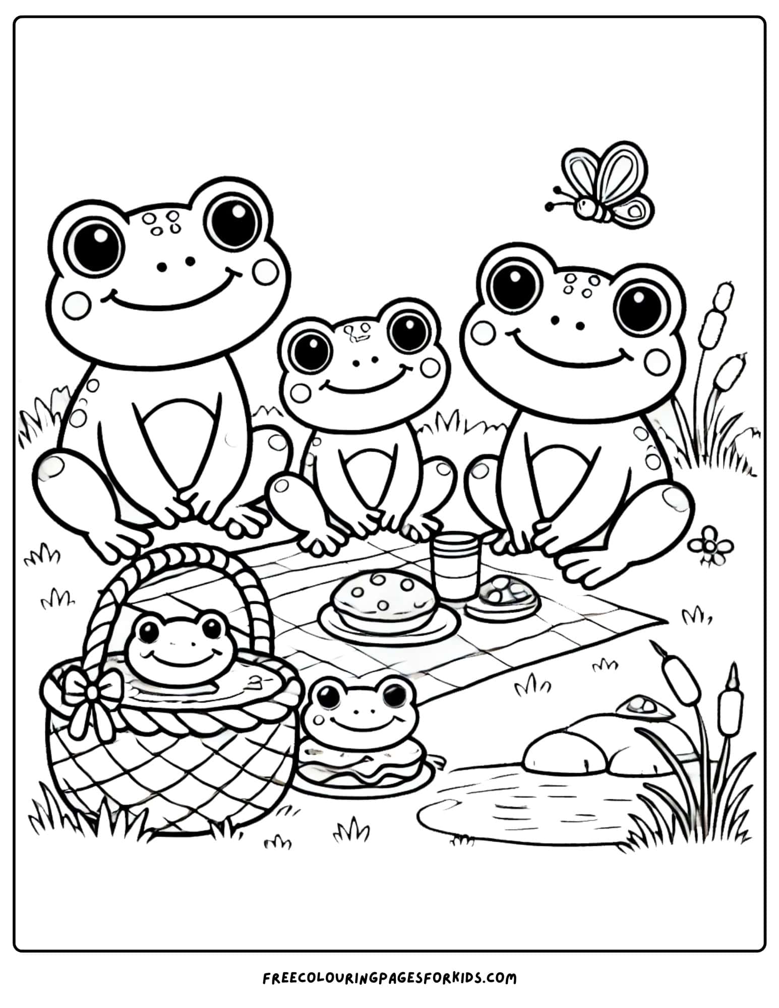 frog family having a picnic coloring page