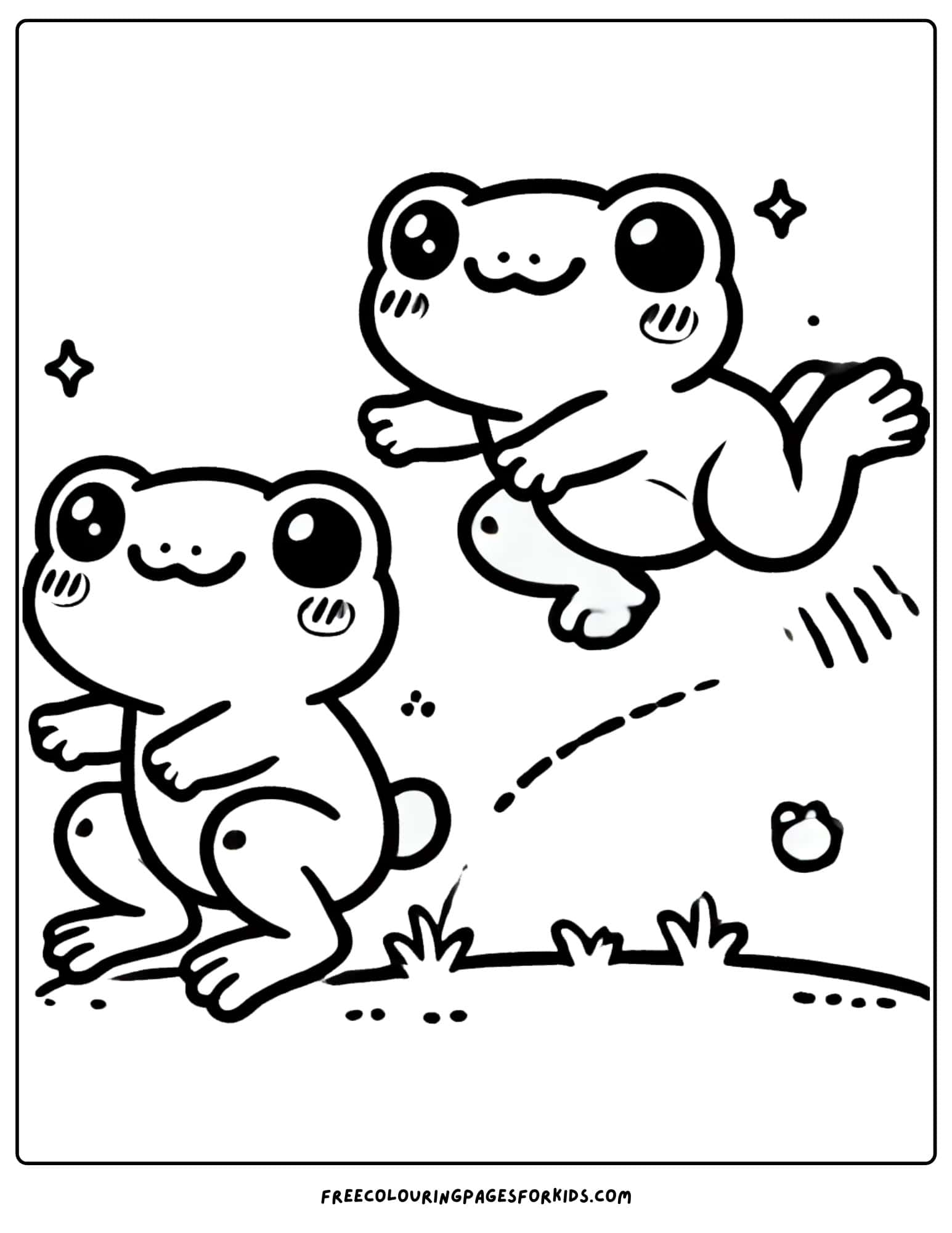 frogs playing leapfrog together coloring page